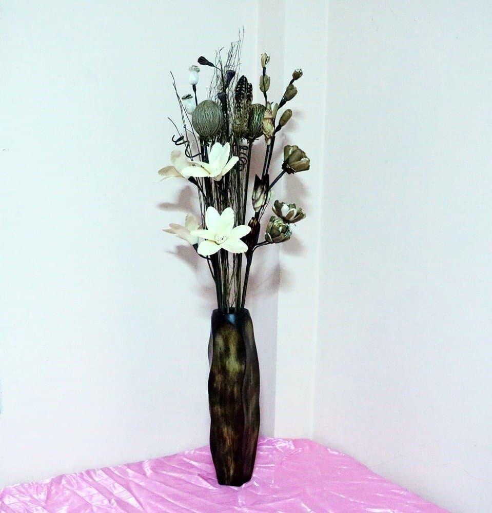 CONSERVE Thailand : Tall Floor Vase Wood Brown Stripes waves (Large), Height 16 inch by Skilled Technicians From Thailand.