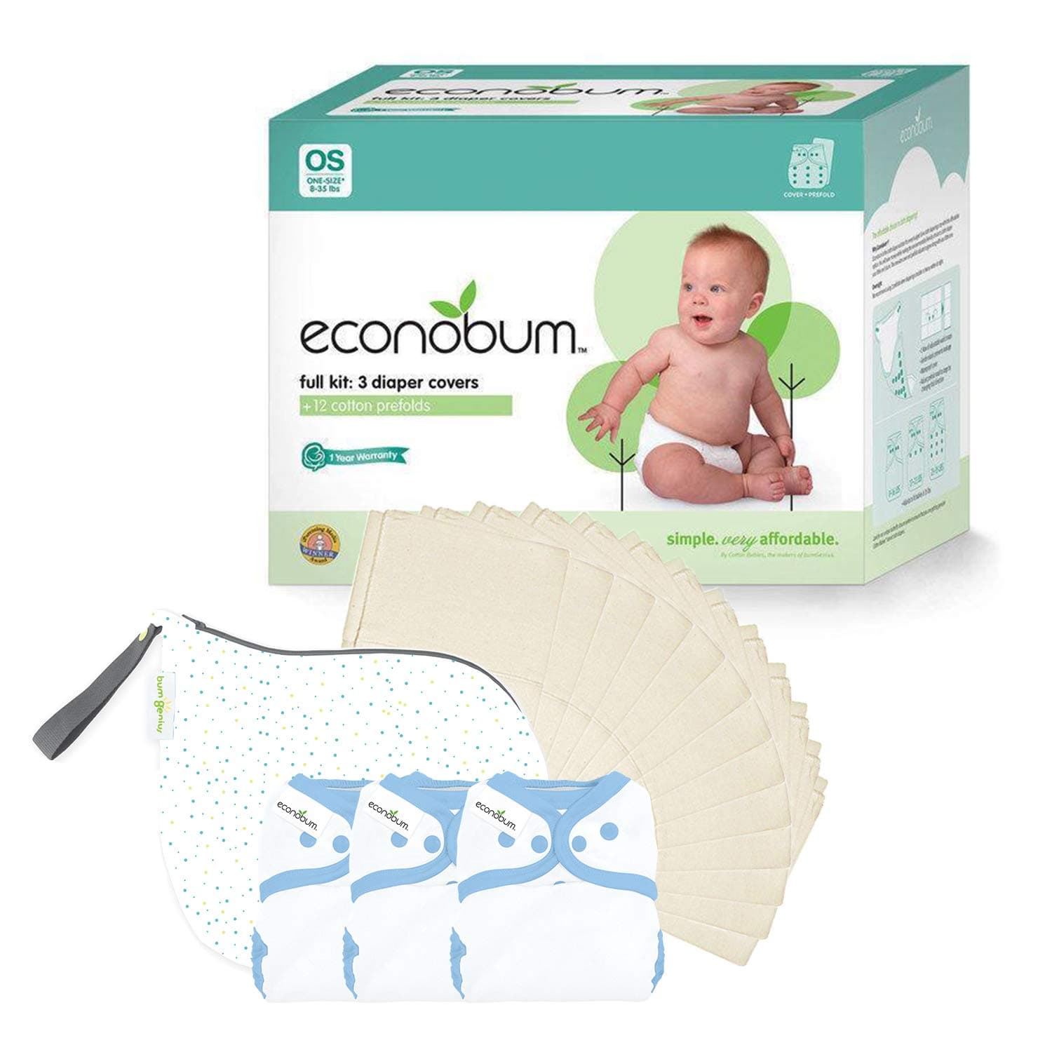 Cloth Diaper Full Kit: 3 Diaper Covers, 12 Prefolds and 1 Wet Bag (Twilight)