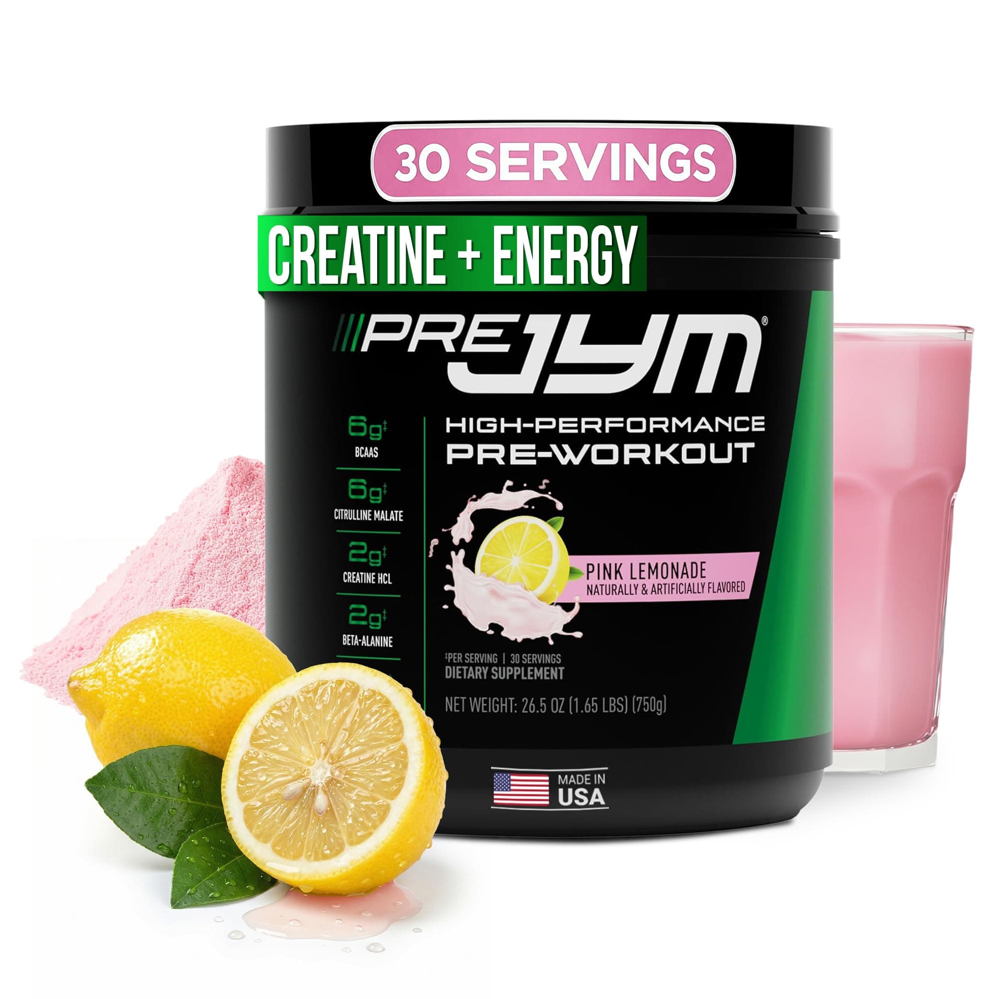 Pre JYM Pink Lemonade Pre Workout Powder - BCAAs, Nootropics, Creatine HCI, Citrulline, Beta-Alanine, Betaine, Taurine, Huperzine 30 Servings