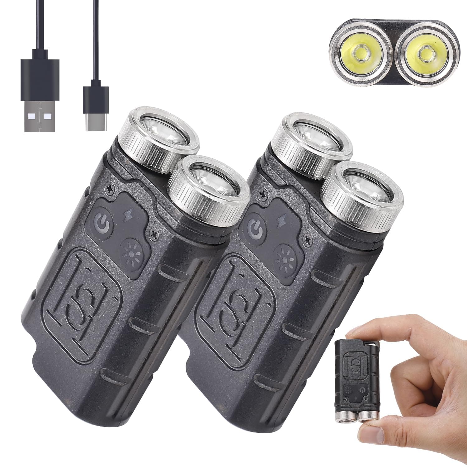 KunHe 2-Pack Mini LED Keyring Torch 1000 Lumens USB-C Rechargeable Torches with Magnet Compact EDC Flashlight Torch for Camping Emergency Work