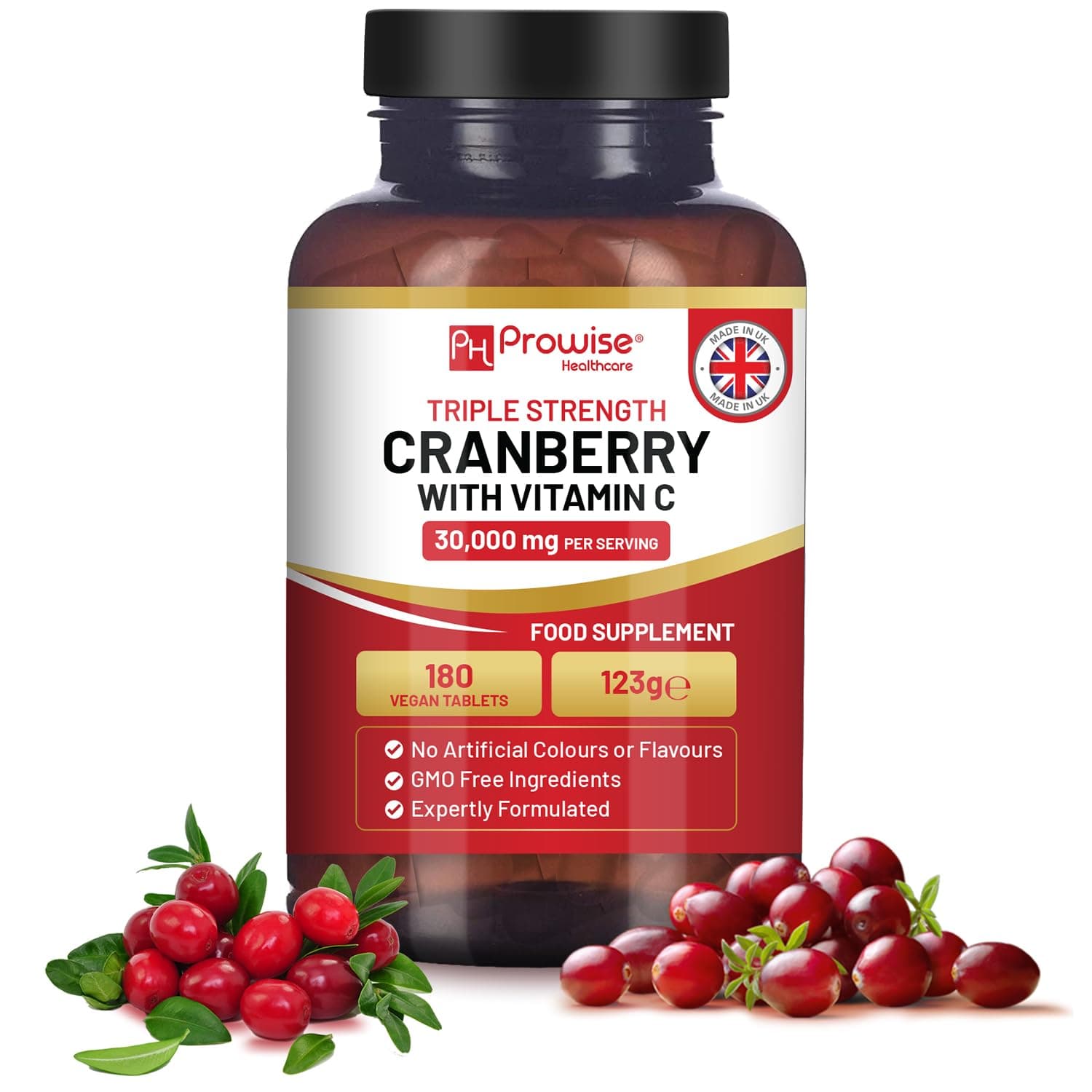 Triple Strength Cranberry 30,000 mg with Vitamin C - 180 Vegan Tablets Easy to Swallow Pills Made in the UK by Prowise Health Care