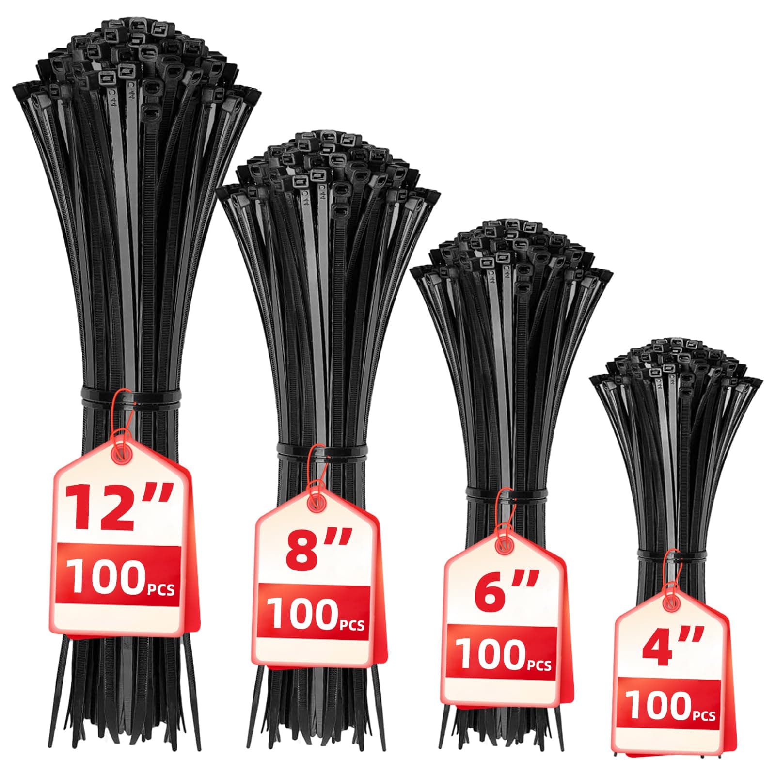 Black Zip Cable Ties, 400 Pack Assorted Sizes 4+6+8+12 Inch, Nylon, Multi-Purpose, Self-Locking