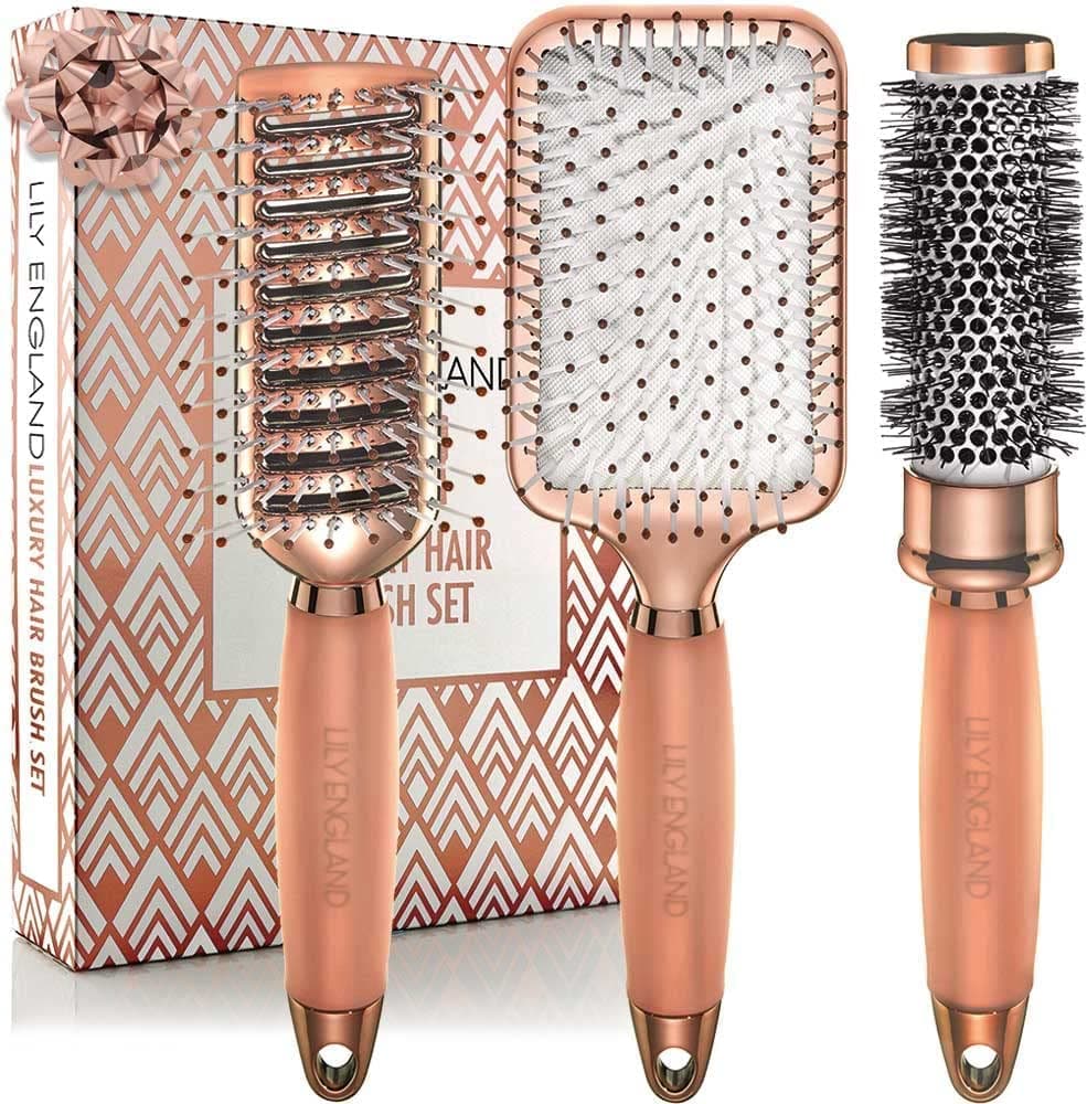 Lily England Hair Brush Set - Luxury Professional Rose Gold Hairbrushes for Detangling, Blow Drying, Straightening - Suitable for All Hair Types