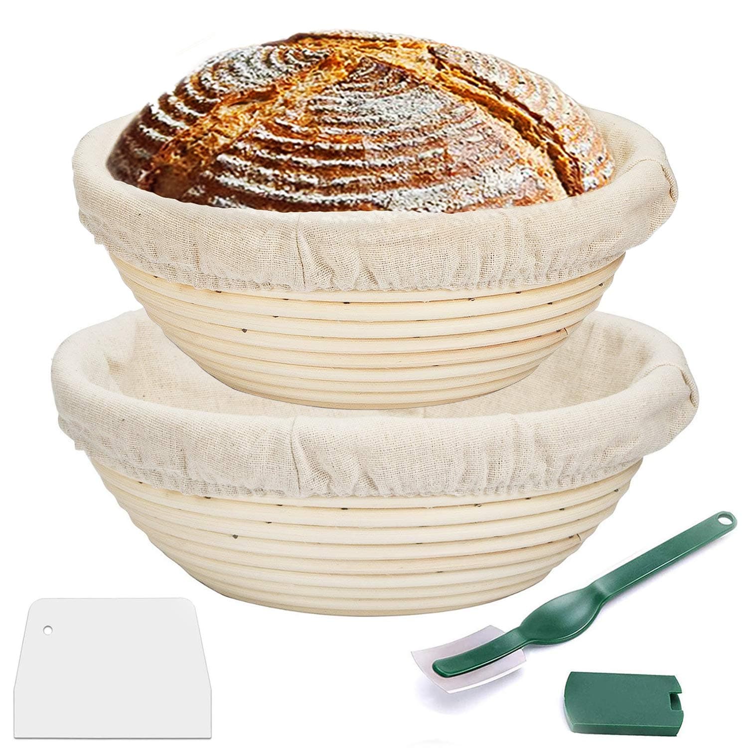 Proofing Basket 9 Inch + 10 Inch,WERTIOO Bread Proofing Basket + Bread Lame +Dough Scraper+ Linen Liner Cloth for Professional & Home Bakers (2)