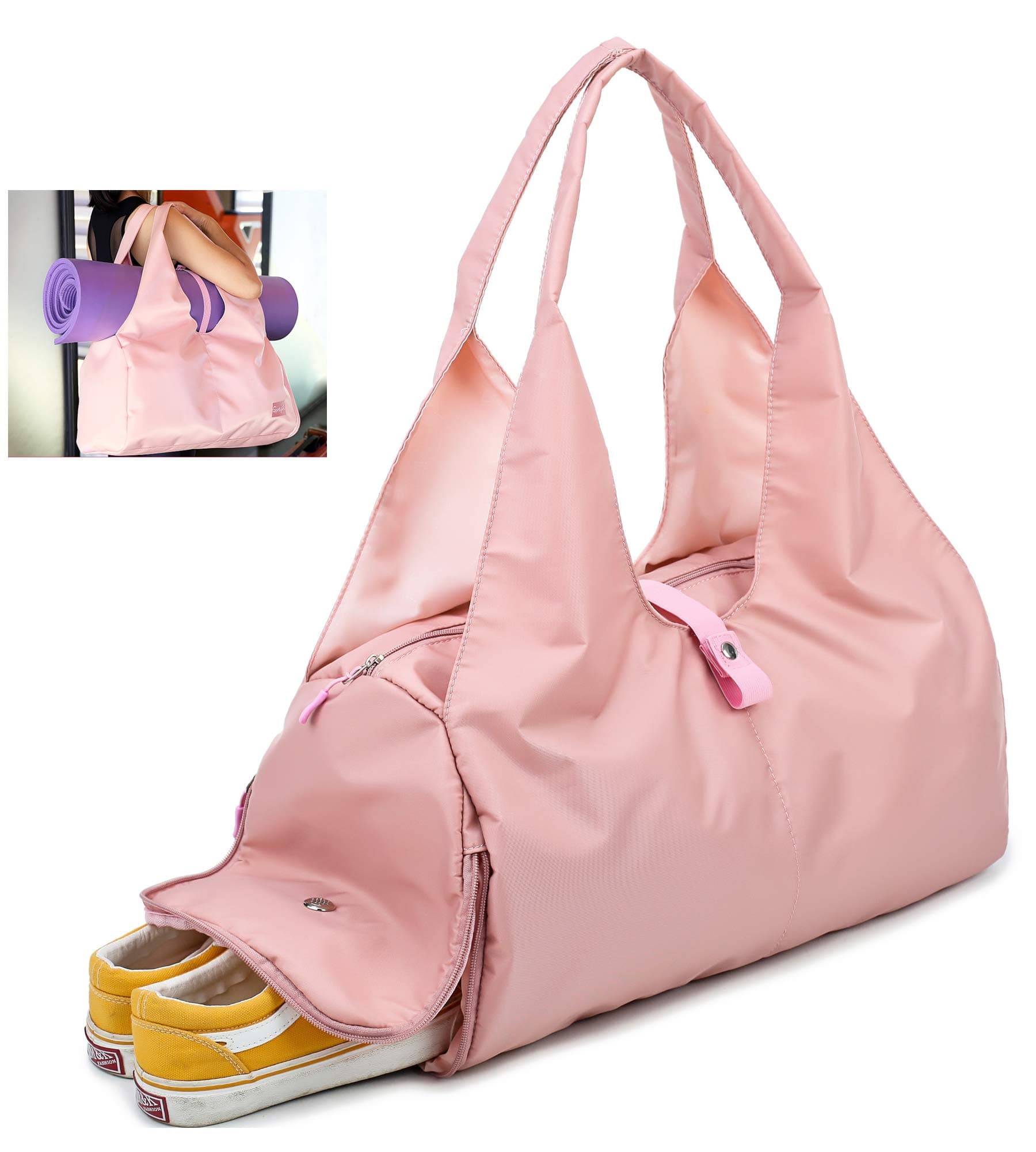 (Pink-Yoga Bag) - Large Yoga Mat Bag and Carriers Yoga Tote Sling Bag, Gym Duffel Fitness Bag with Shoe Compartment for Men Womens