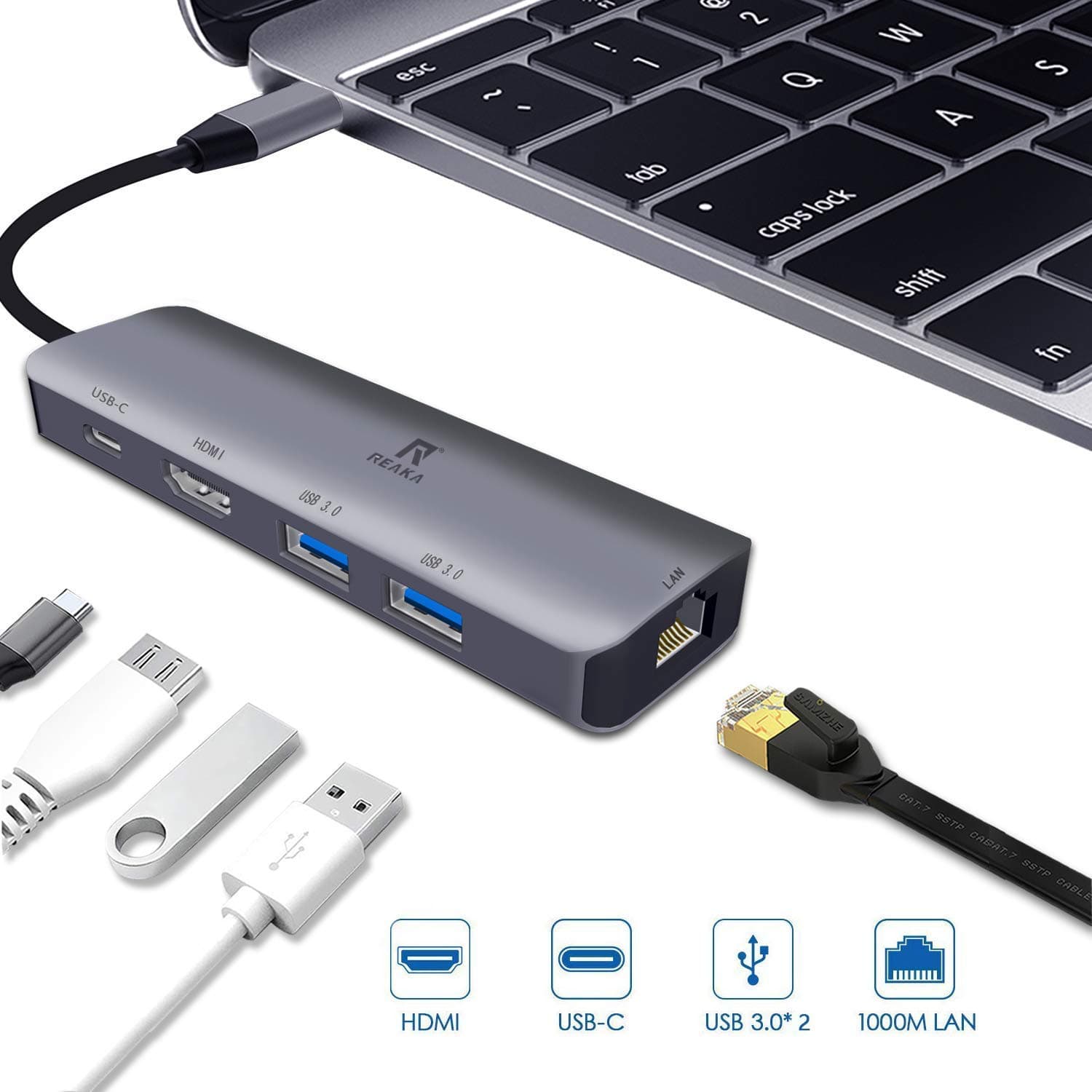 RREAKA USB C Hub for iPad Pro,5-in-1 Adapter for iPad Pro 11 12.9 2018 2020/iPad Pro Air 4 with Ethernet,4K HDMI,USB C PD Charging,2 USB 3.0 Ports for Macbook