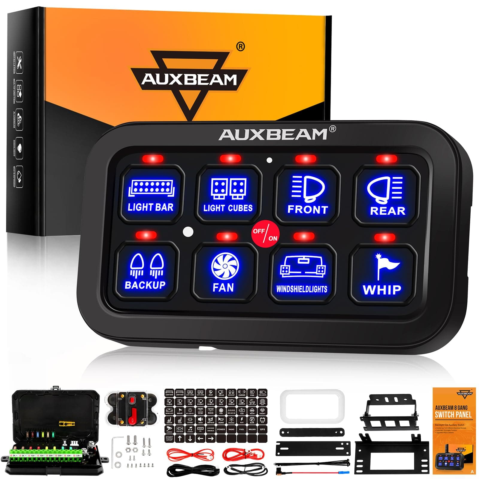 Auxbeam 8 Gang Switch Panel BA80, Universal Circuit Control Relay System Box with Automatic Dimmable On-Off LED Switch Pod Touch Switch Box for Car Pickup Truck Boat UTV ATV, Blue 3 Years Warranty