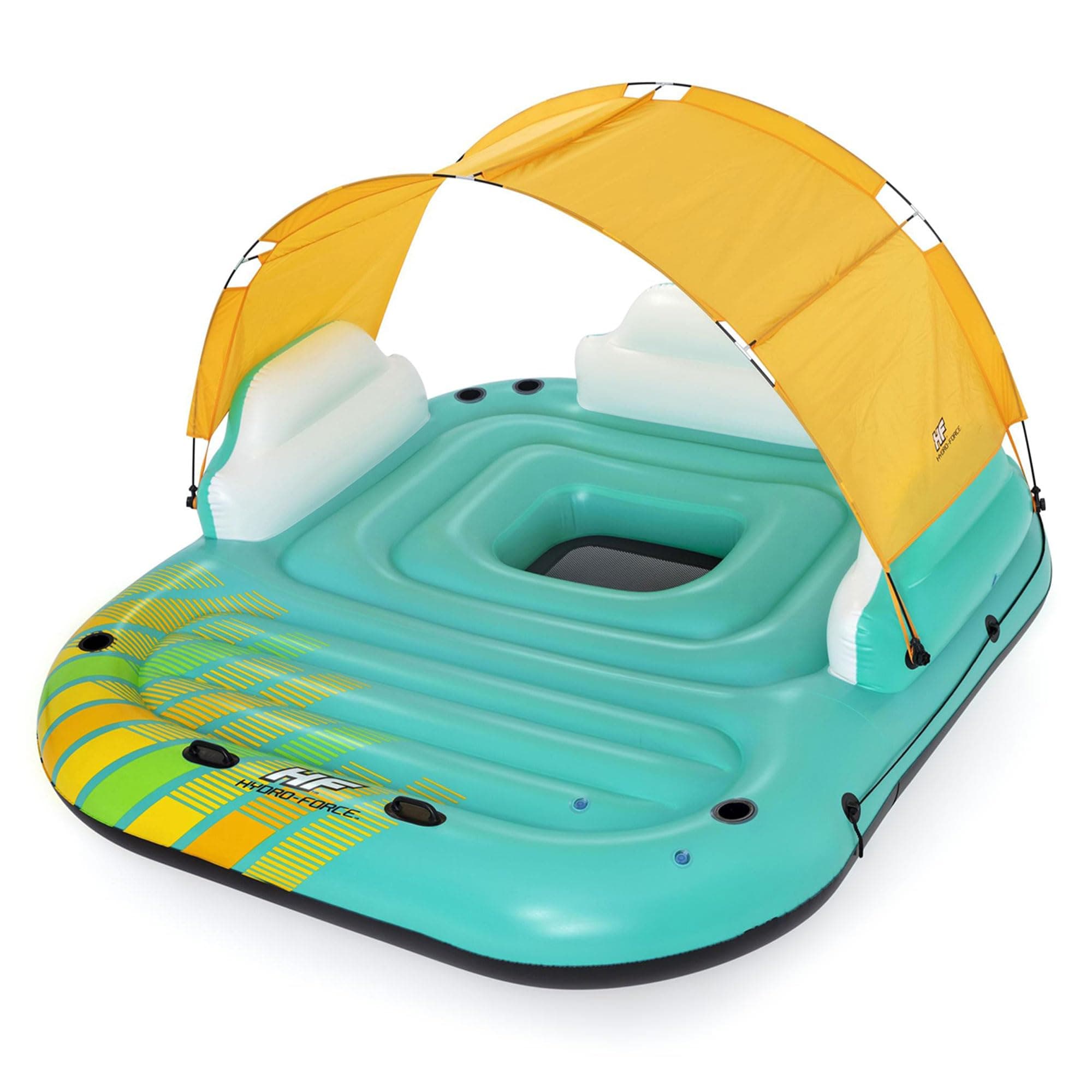 Hydro Force Sunny 5 Person Inflatable Large Floating Island Lake Water Lounge Raft with Cup Holders and Removable Sunshade, Green
