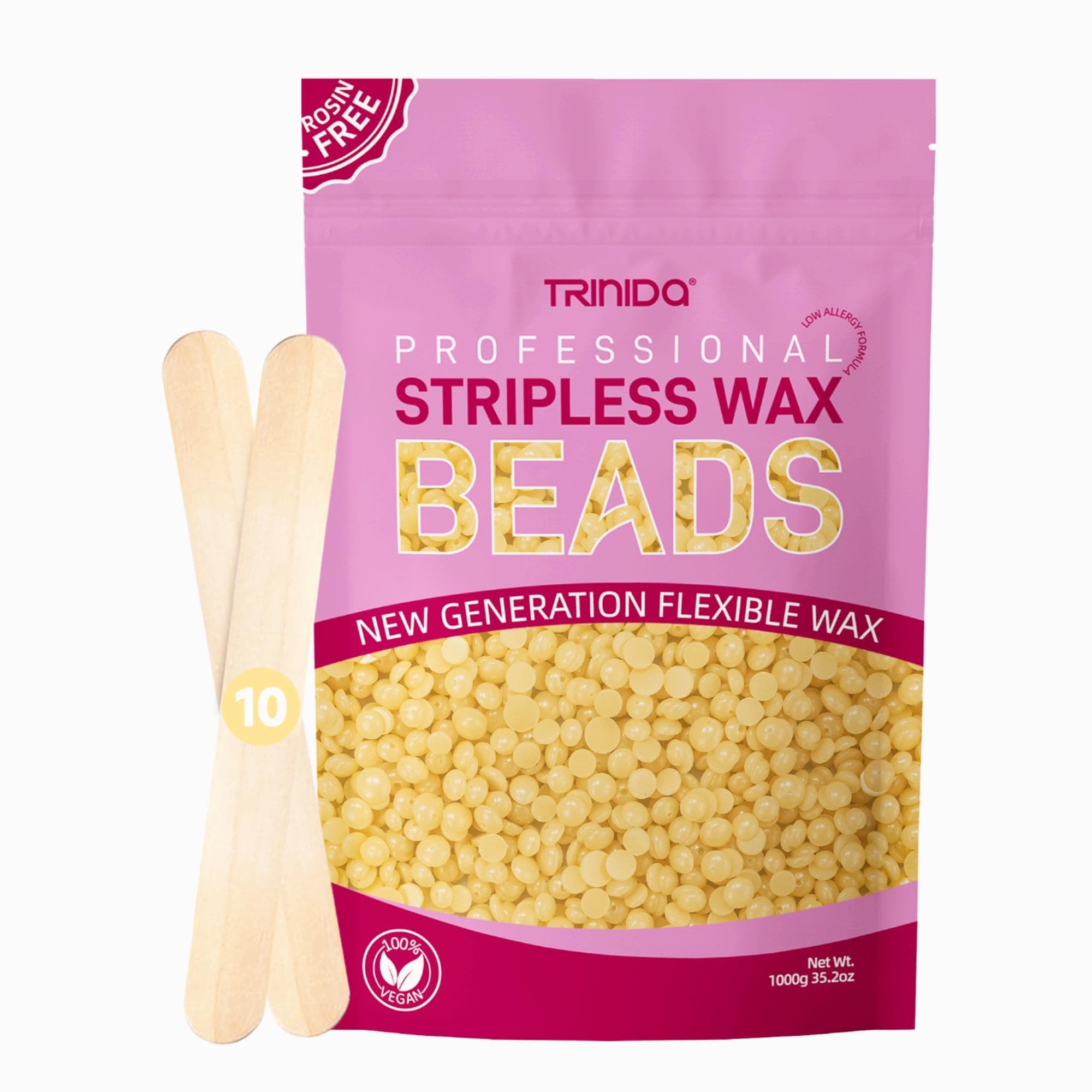 TRINIDaWax Beads, Professional Hard Wax Beads 1kg with 10 Applicators, For Full Body and Facial, Painless Gentle Hair Removal Wax Beads for Women and Men (Honey)