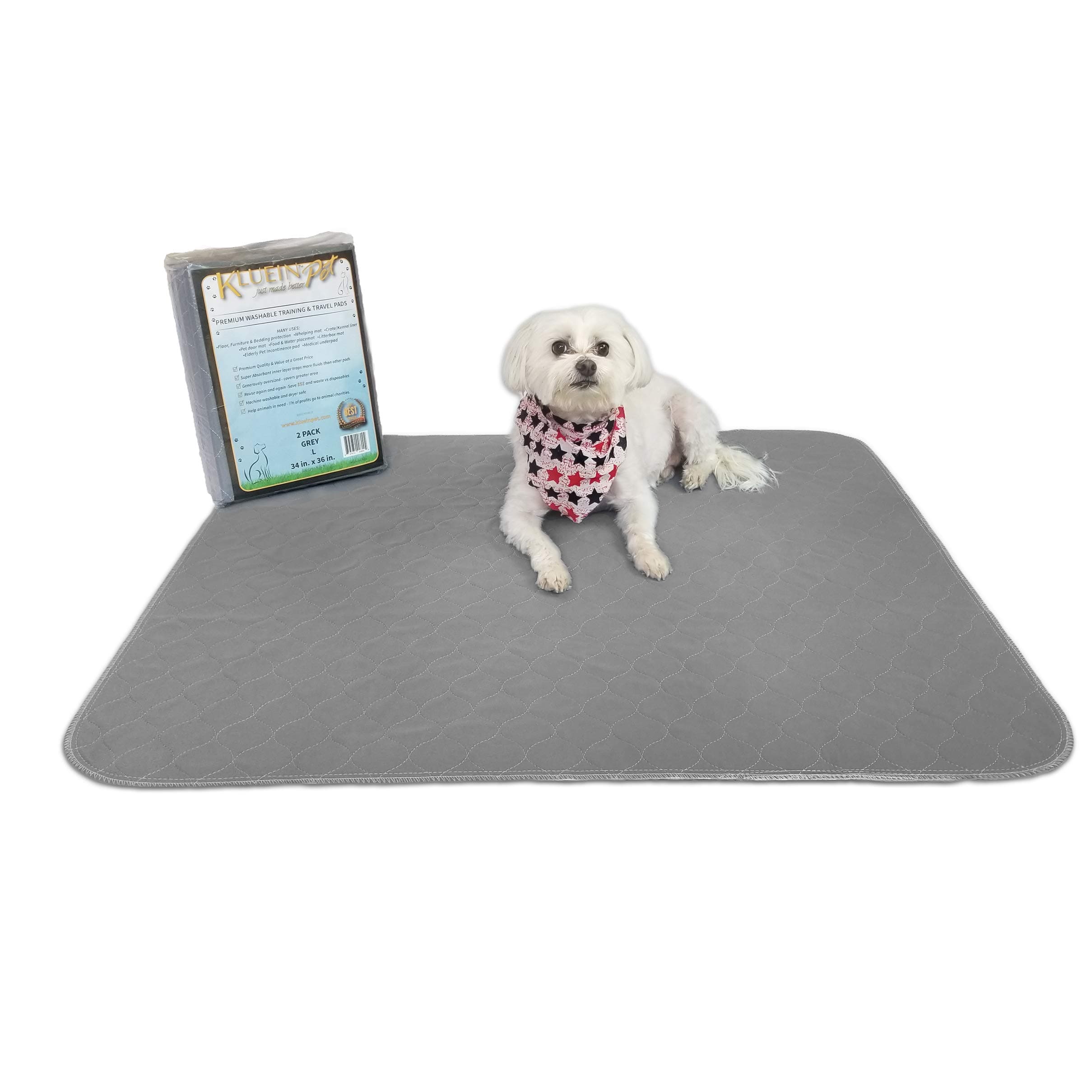 Kluein Pet Washable Pee Pads for Dogs, 2 Pack L 34x36 Grey, Reusable Puppy Pads, Fast Absorbing Wee Mat; for Playpen, Housebreaking, Indoor Potty Training, Whelping, Incontinence, Travel