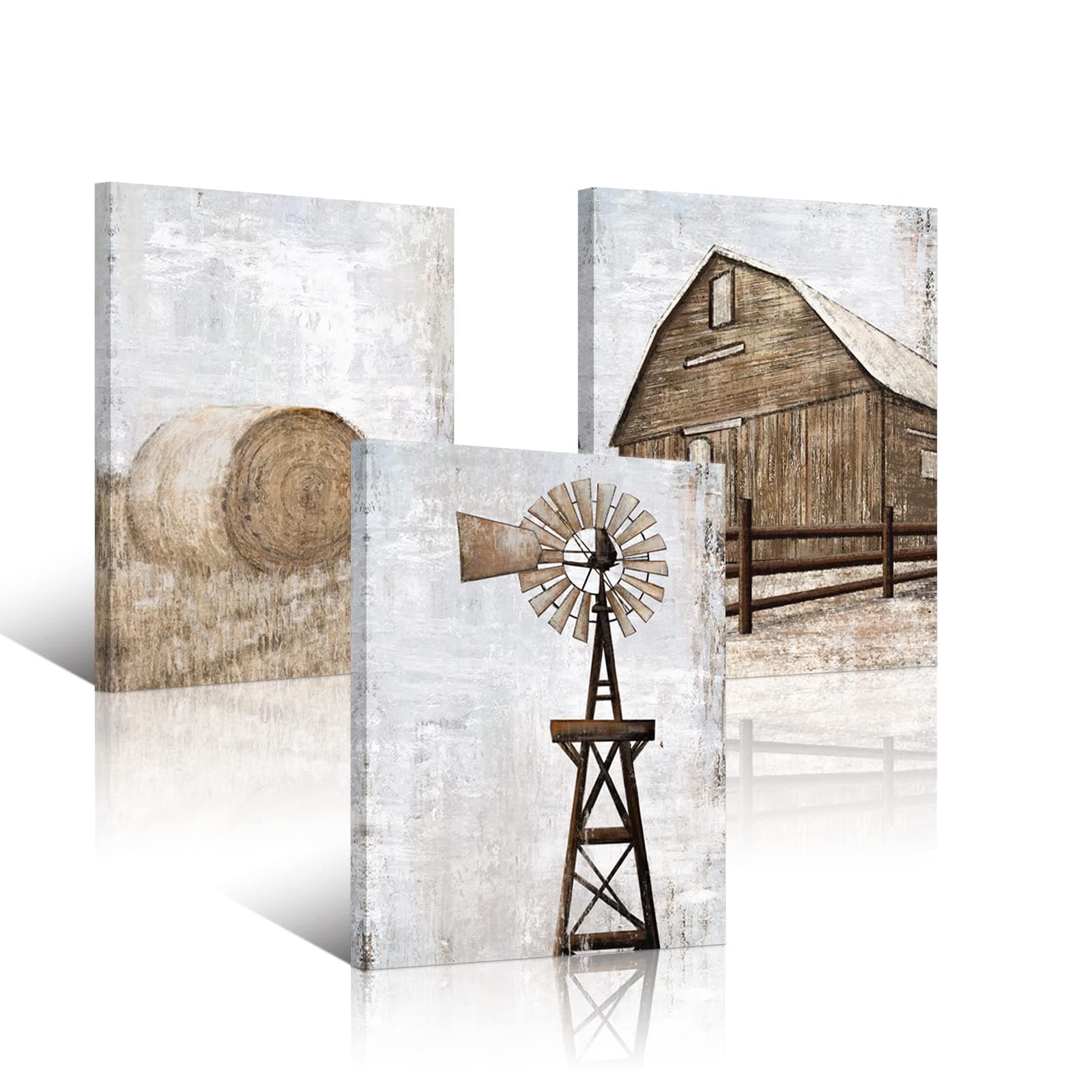 HOMEOART Farmhouse Wall Art Rustic Barn Windmill Cornfield Pictures Countryside Rural Landscape Painting Canvas Artwork Stretched and Framed Ready to Hang Home Decor 12"x16"x3 Pieces