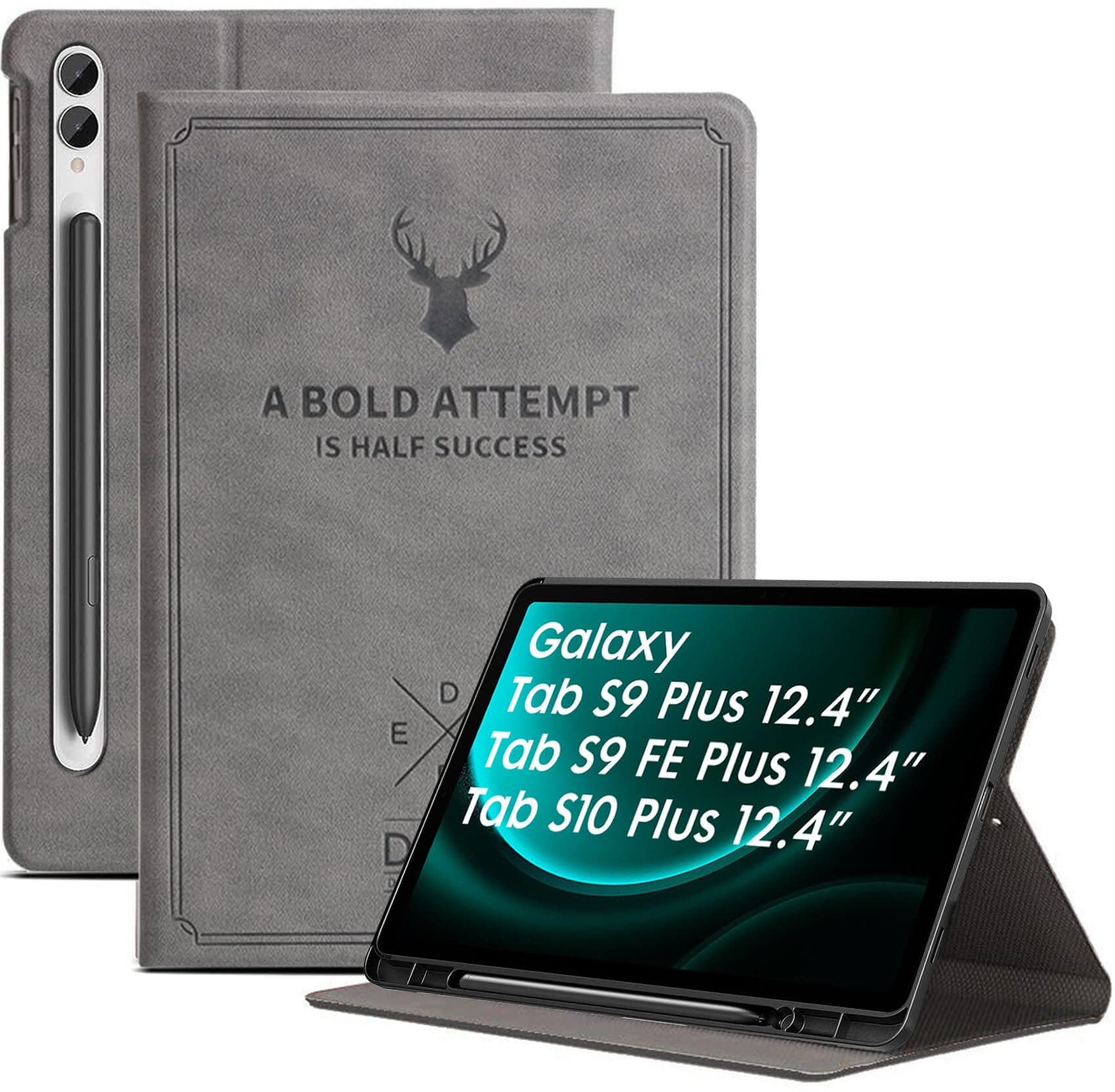 Cover for Samsung Tab S10 Plus / S9 FE Plus / S9 Plus Case 12.4" Deer Flip Case with [S Pen Holder] for Samsung Galaxy Tab S10+ /S9+ /Tab S9 FE+ Tablet Cover [Auto Sleep/Wake] - Grey