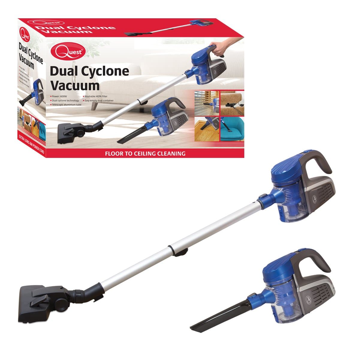 Quest 44860 Dual Cyclone & Handheld Vacuum Cleaner, Long 6m Power Cable & Washable HEPA Filtration Technology, 600W, Blue