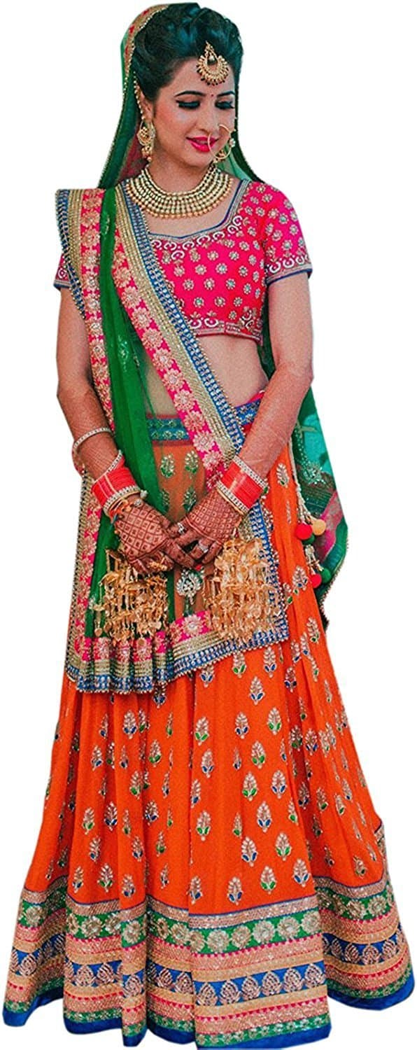 Lehenga Salwar 2017 Women's For Party,Wedding or Festival Embroidery Work Salwar Suit(Orange _Free Size)