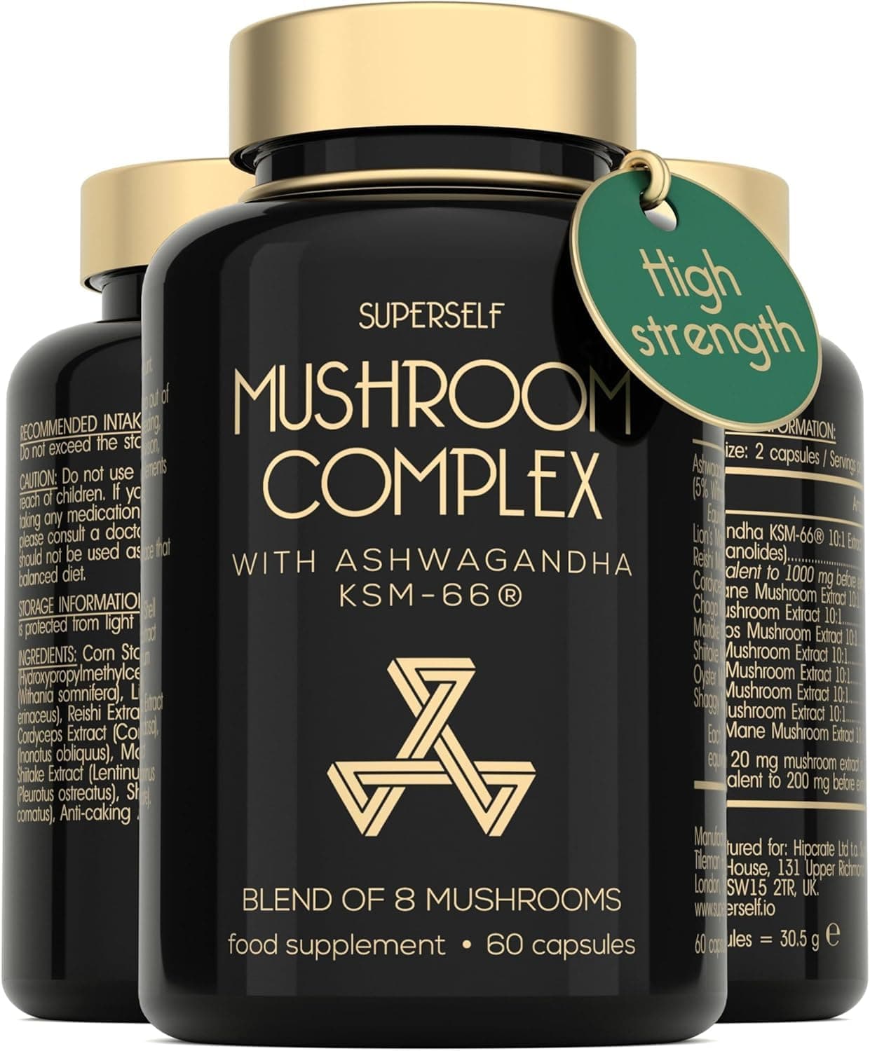Mushroom Complex with Ashwagandha KSM-66 - Mushroom Supplement 1600mg with Lion's Mane, Reishi, Chaga, Cordyceps, Shiitake - High Strength Superblend of 8 Mushrooms & Ashwaganda - 60 Capsules - Vegan