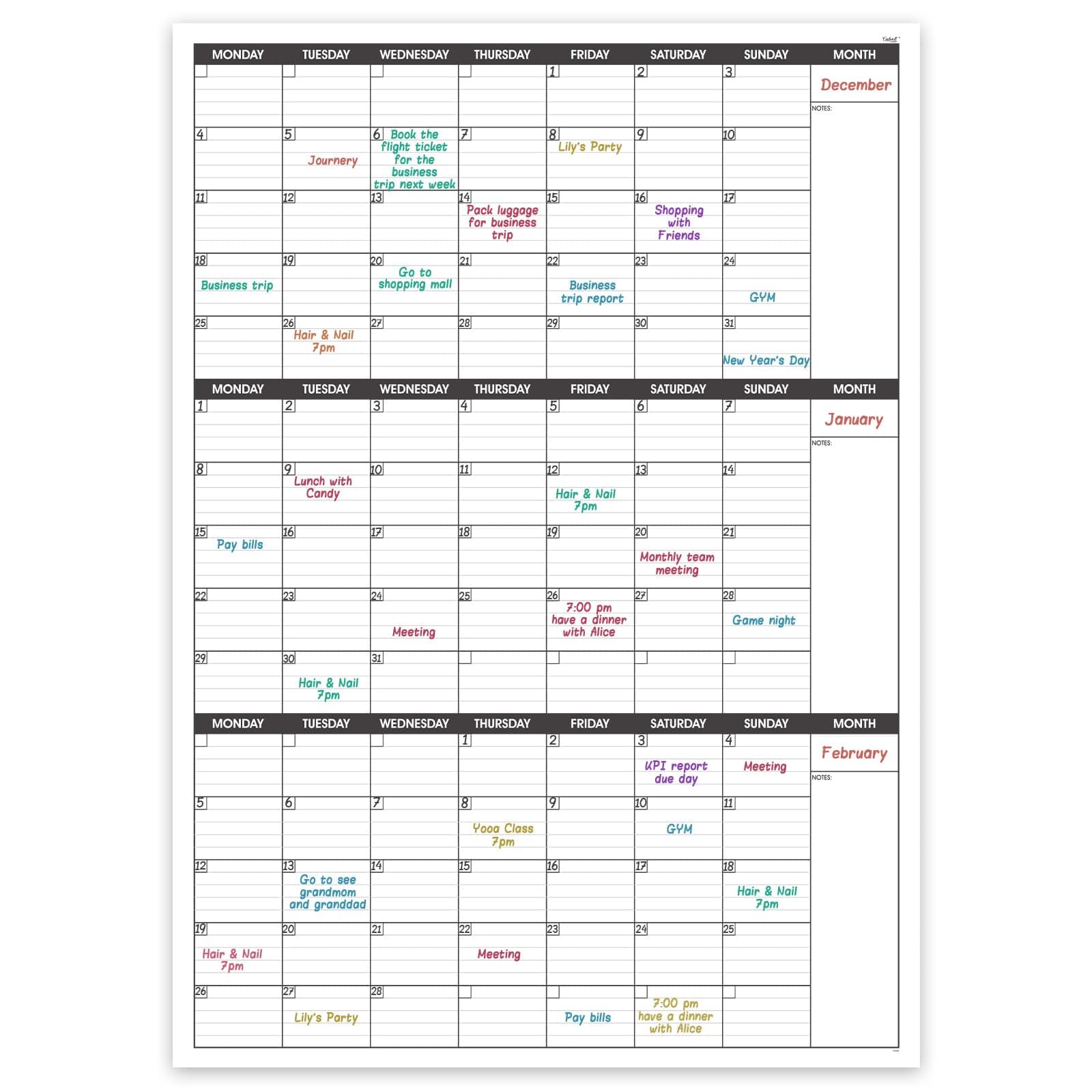 Large Wall Calendar Undated - Three Monthly Dry Erase Reusable Wall Planner，Giant Laminated Poster，Goal & Task Organizer Your Home，Office，School - Includes 4 Sticker Dots，101 cm X 73 cm…