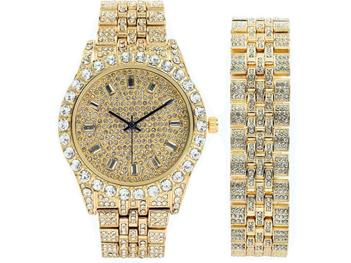 Iced Mens Single Watch or Watch w/Matching Rolly or Cuban Hip Hop Bracelet - Your Choice! - Big Rhinestones on Trim and Elegant Baguette Time Indicators on Dial - Master Bling Designer - ST10226B