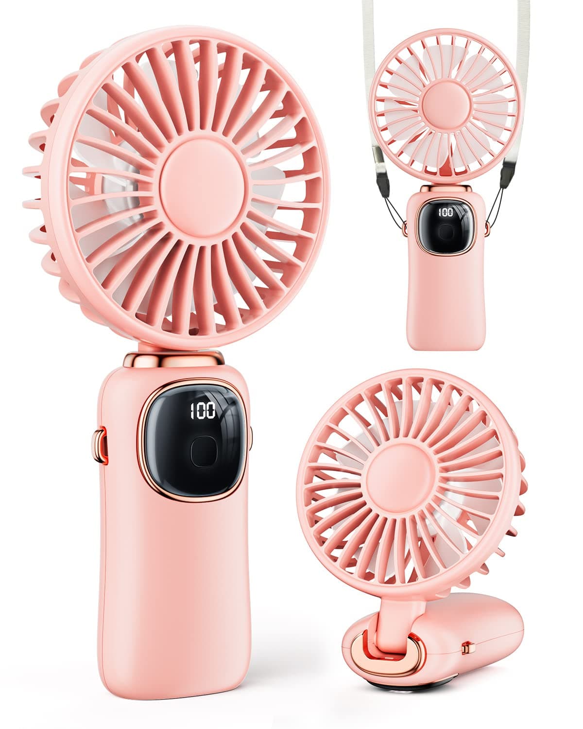 coldSky Portable Handheld Fan, 4000mAh Battery Operated Fan with LED Display, Handheld/Neck/Desk 3 in 1 Personal Small Fan, 90° Foldable Desk Fan with Base, 5 Speed Lash Makeup Fan for Women