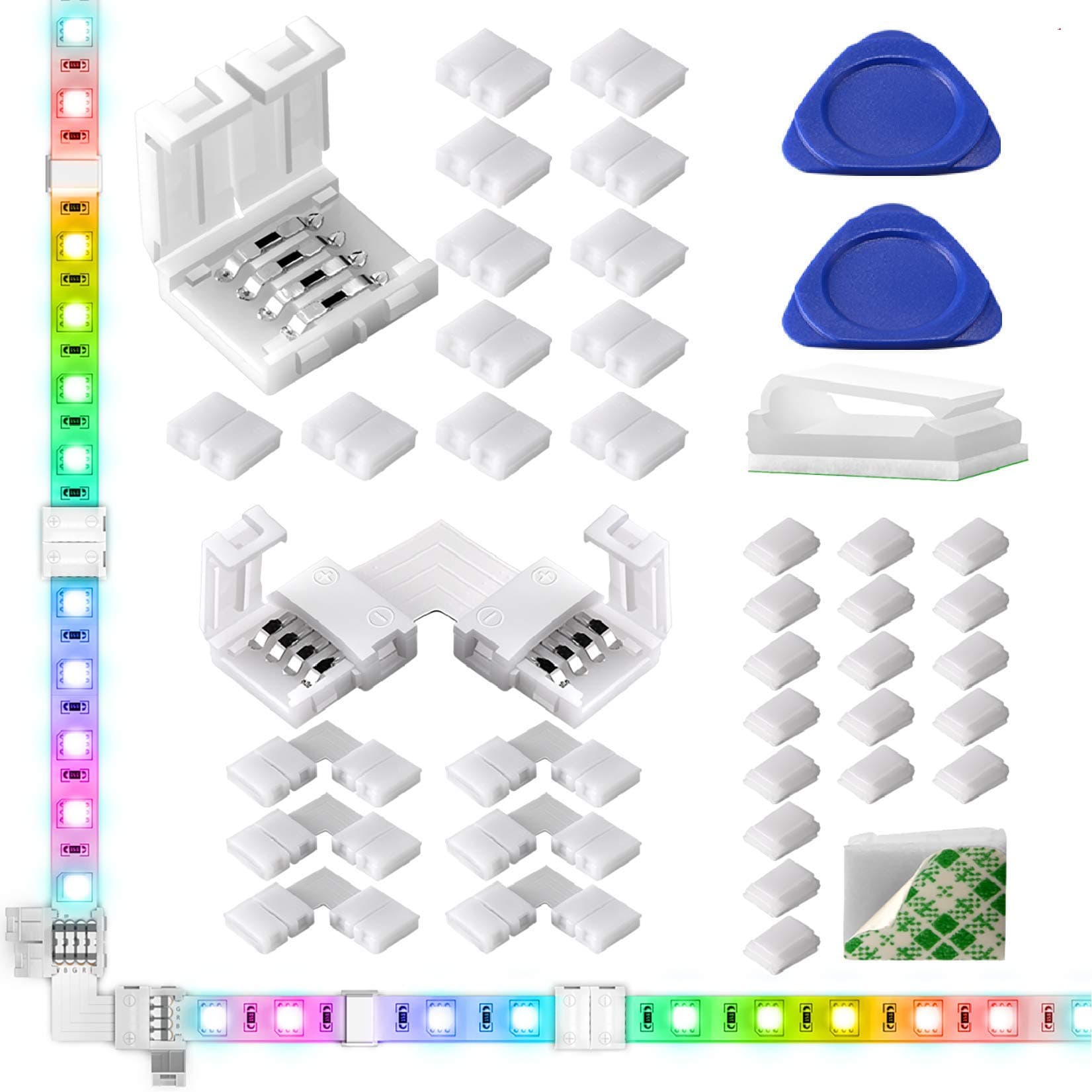 Jin&Bao LED Strip Light Connectors 40Packs, 10mm Unwired 4 Pin 5050 RGB LED Light Strips Connectors kit, Gapless Connectors, Corner Connectors for Multicolor LED Strip 5V 12V 24V
