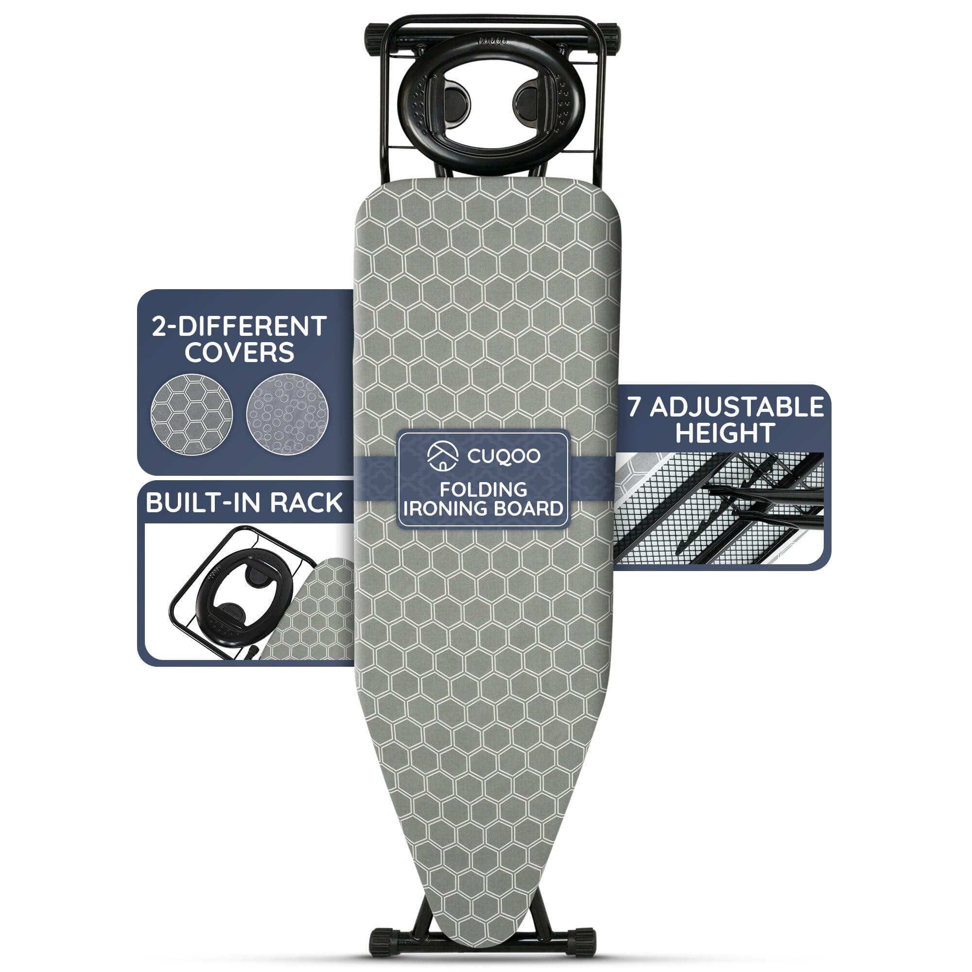 Folding Ironing Board – 122x38cm, Adjustable Height (74-91cm), Durable with Safety Lock & Anti-Skid Feet, Includes Silicone Iron Rest & 2 Stylish Covers