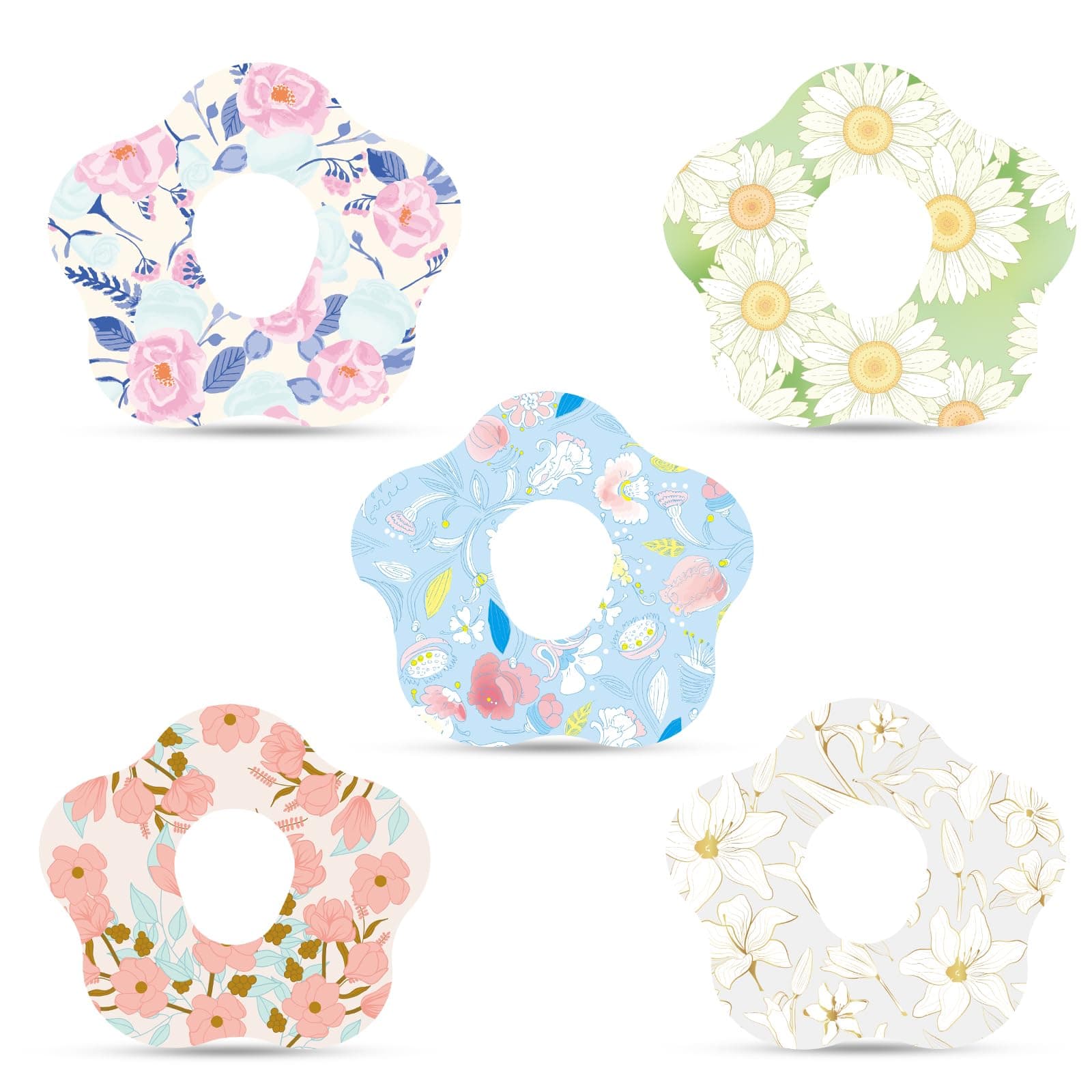 Pack of 25 Adhesive Plasters for Dexcom G7, Waterproof Plasters with Hole Sensor Covers, Breathable Flower Tape Stickers, Compatible with Dexcom G7 (5 Styles)