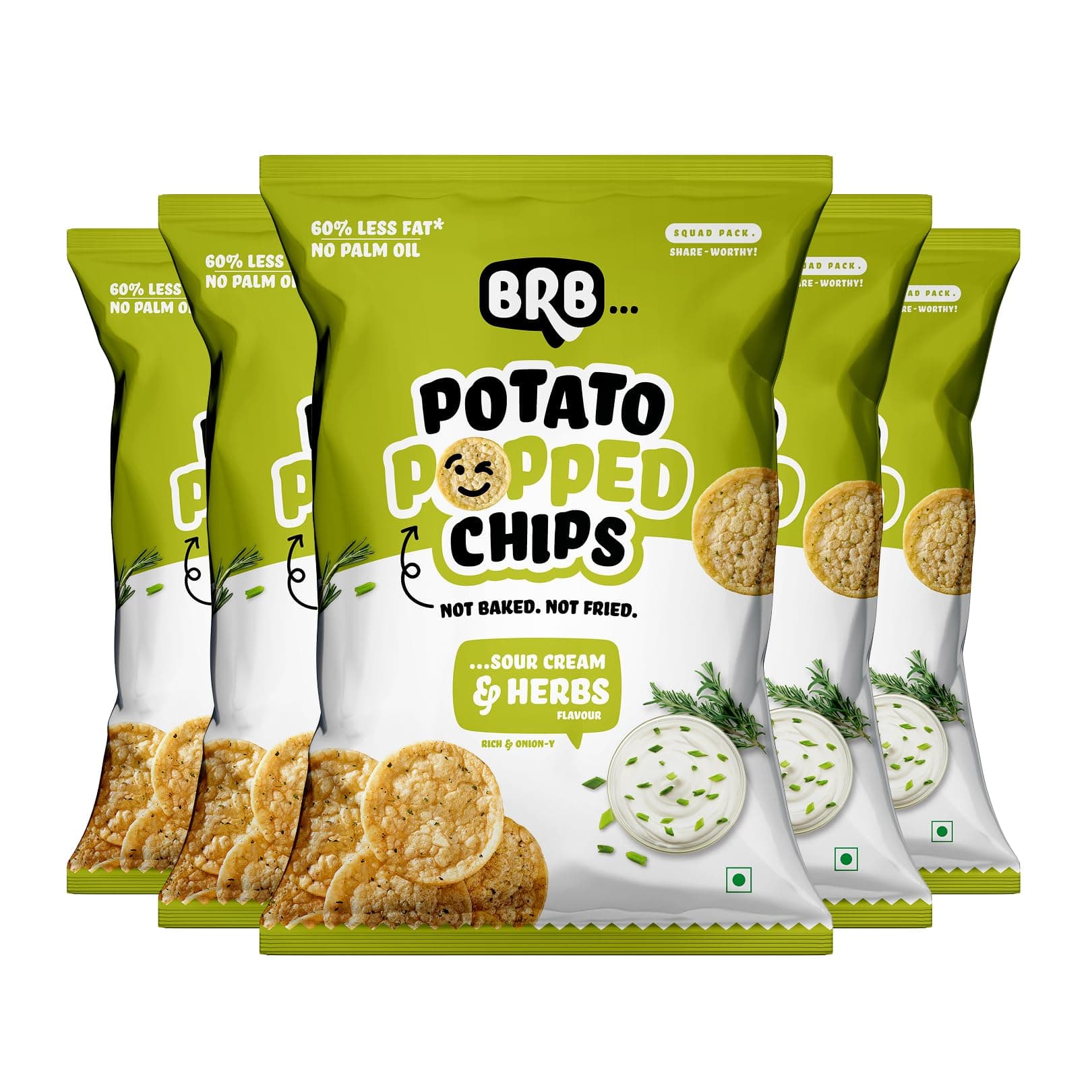 - BRB Potato Popped Chips | Sour Cream and Herbs Flavour | Not Fried. Not Baked | 60% Less Oil, Lower Calorie, No Palm Oil, Healthy Snack | 5 x (48g/51g) Combo Pack (weight may vary)
