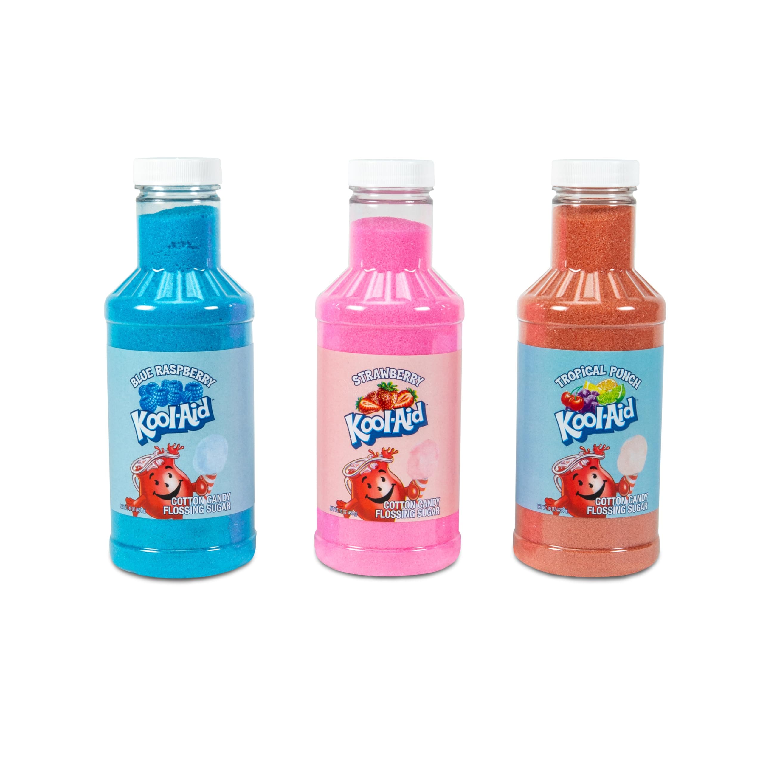 Kool-Aid Cotton Candy Flossing Sugar Party Kit 3-Pack, Blue Raspberry, Strawberry, Tropical Punch, 3-16oz Bottles of Cotton Candy Sugar Mix