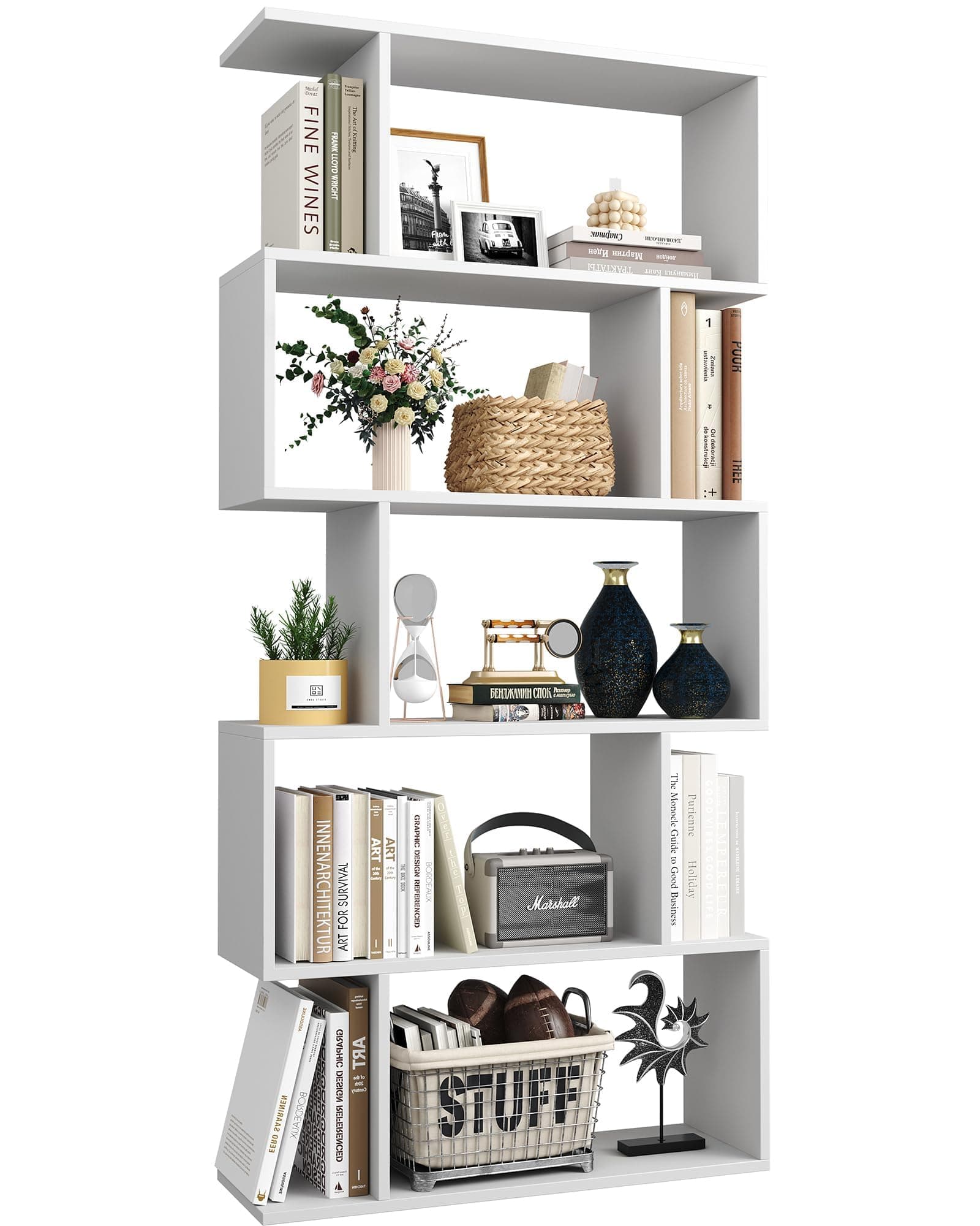 – Yusong Bookshelf 5-Tier, Geometric Bookcase S Shaped Book Shelves for Bedroom, Modern Wood Decorative Display Shelf Book Case for Home Office, White,27.8" W x 9.5" D x 61.8" H