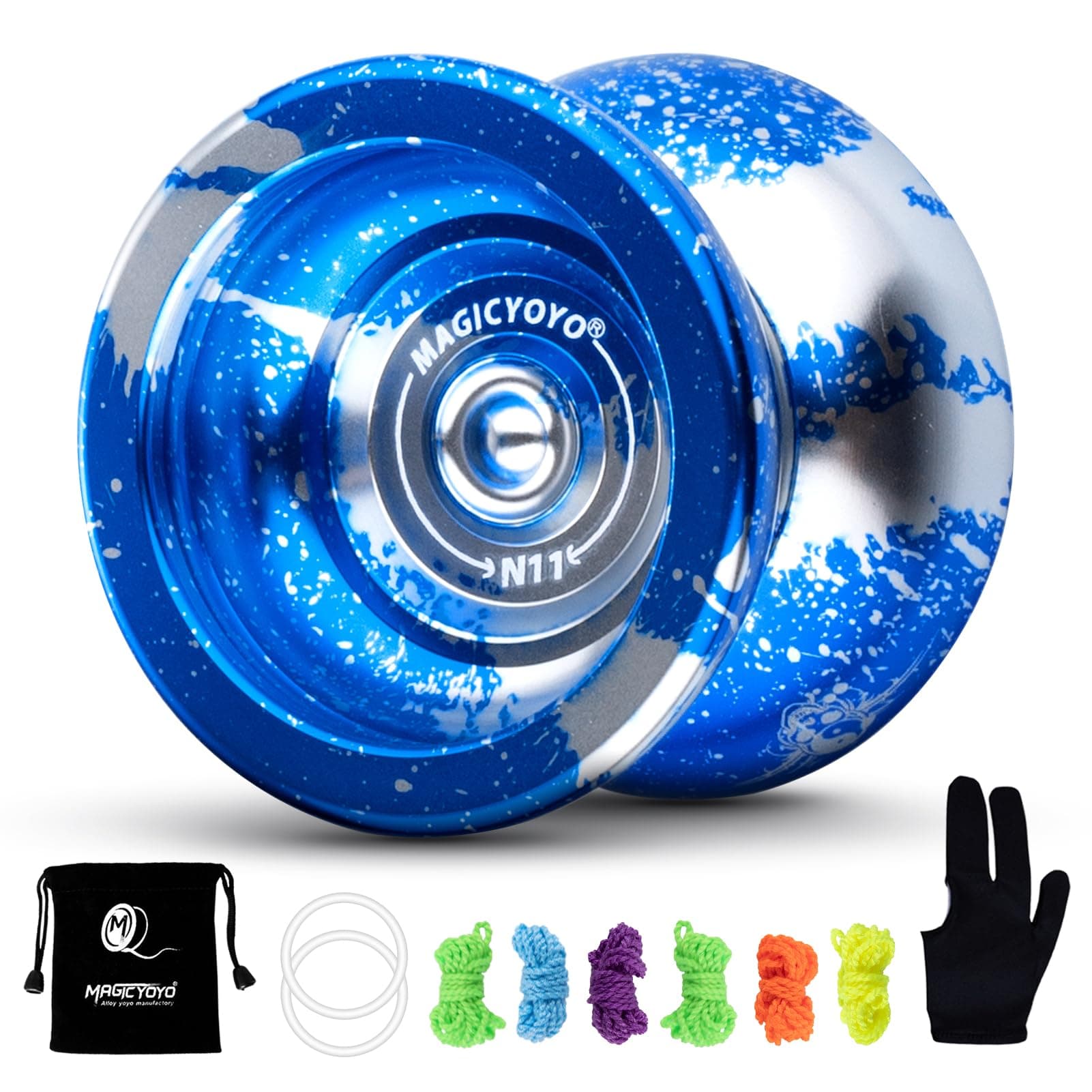 MAGICYOYO N11 Professional Yoyo Unresponsive Yo-yo for Intermediate Advanced, Alloy Aluminum Yoyo Toy with 6 Yoyo Strings, Bag, Glove (Blue & Sliver)