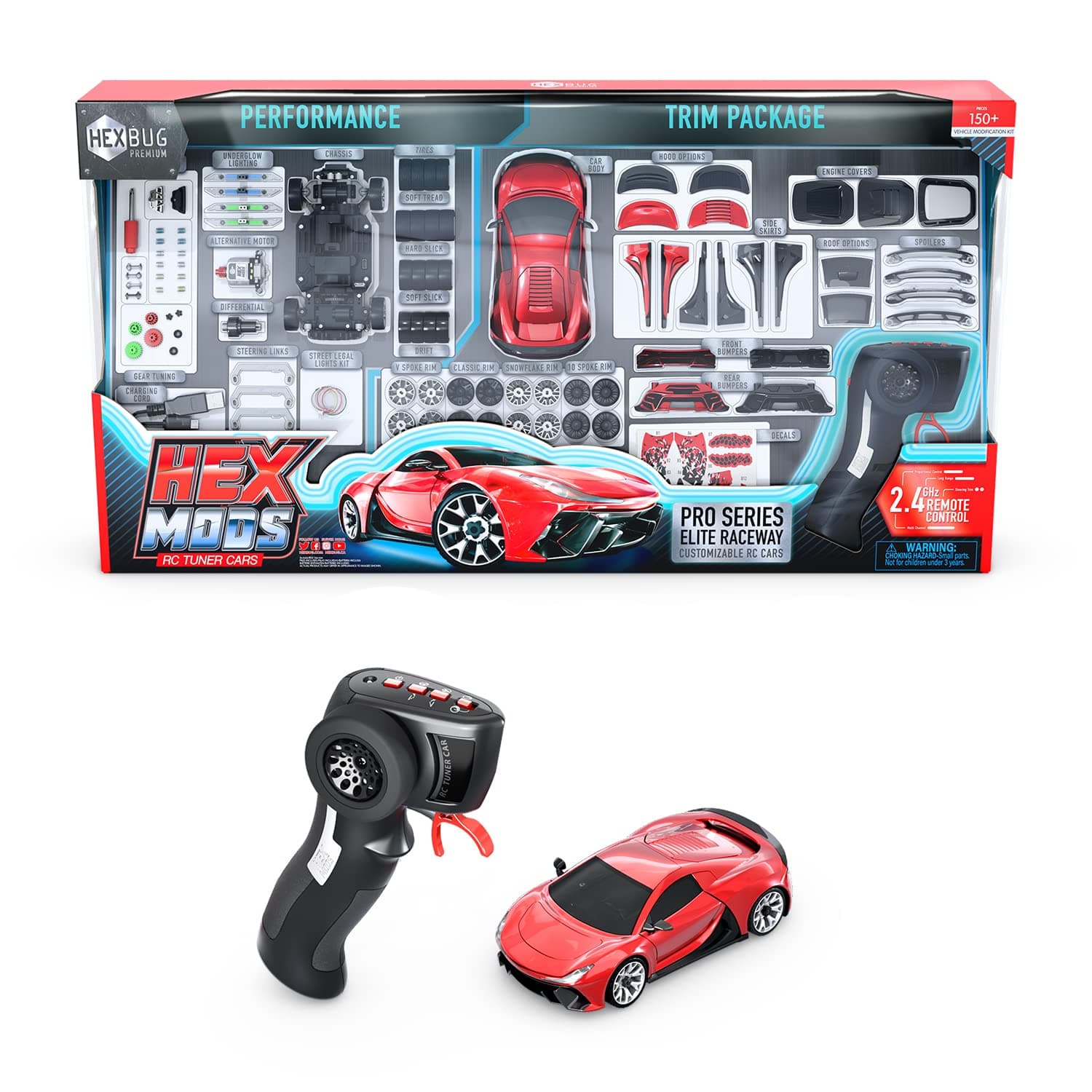 HEXMODS Pro Series Elite Raceway, Rechargeable RC Car, Buildable Scale Model for Kids and Adults, 2.4 Ghz Controller and Trackset Included, Ages 14 and Up
