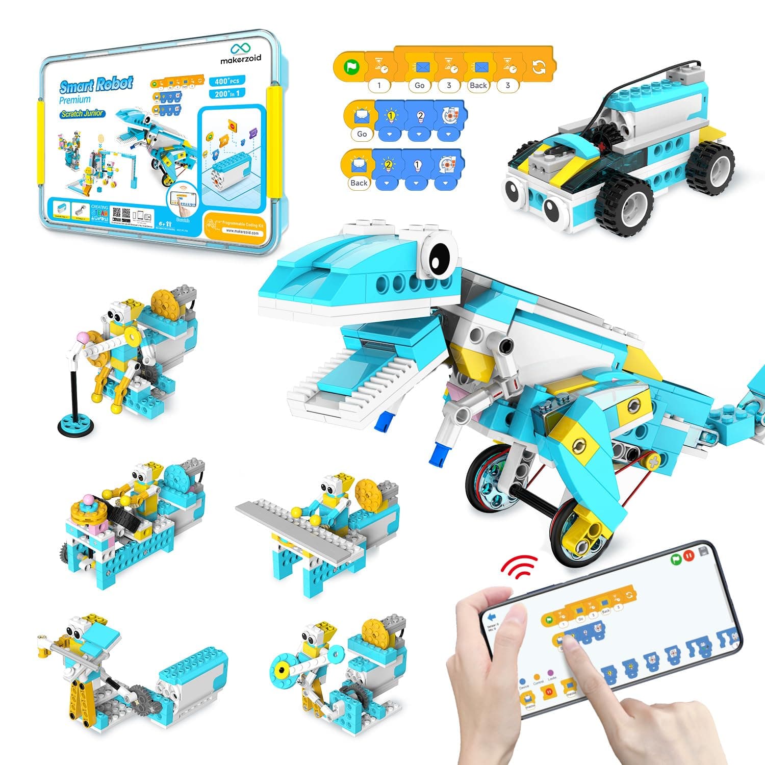 Coding Robot Kit for Kids, 200-in-1 RC Robot Building Toys with Motor Sensor,Scratch JR Coding Set with 36 Video Courses, Birthday for Kids 6+ (400+ Blocks)