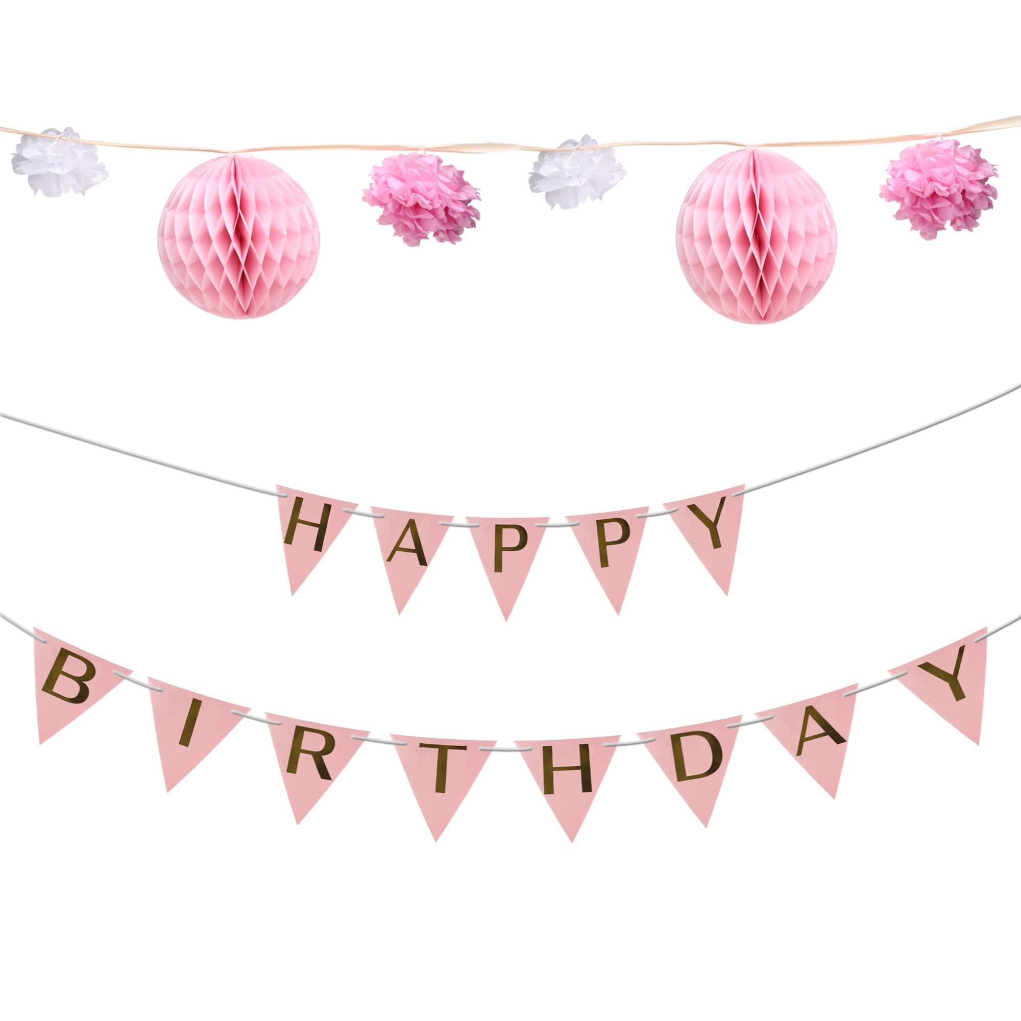 Wisehands Garlands Pack Party Decorations Artificial Flowers with Tissue Paper Pom Poms for Birthday,Pink with Gold Letters