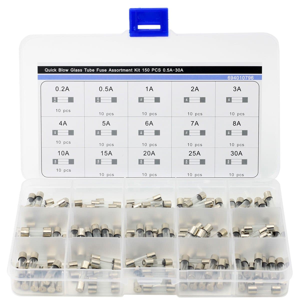 150pc Fuses Fast Quick Blow Glass Tube Fuse Assortment Kit 5x20mm 250v with Box