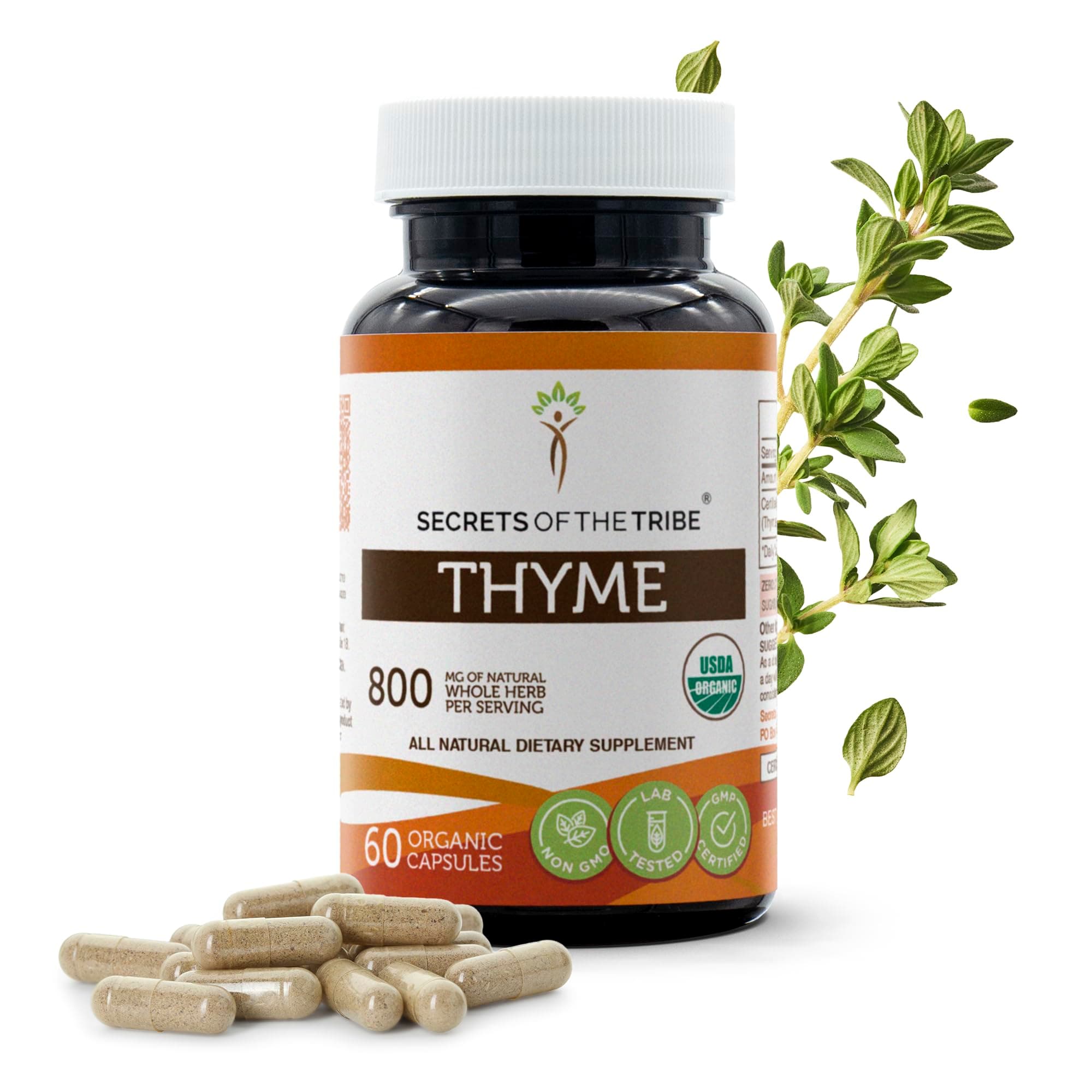 Thyme 60 Capsules, 800 mg, USDA Organic Thyme (Thymus Vulgaris) Dried Leaf (60 Capsules)