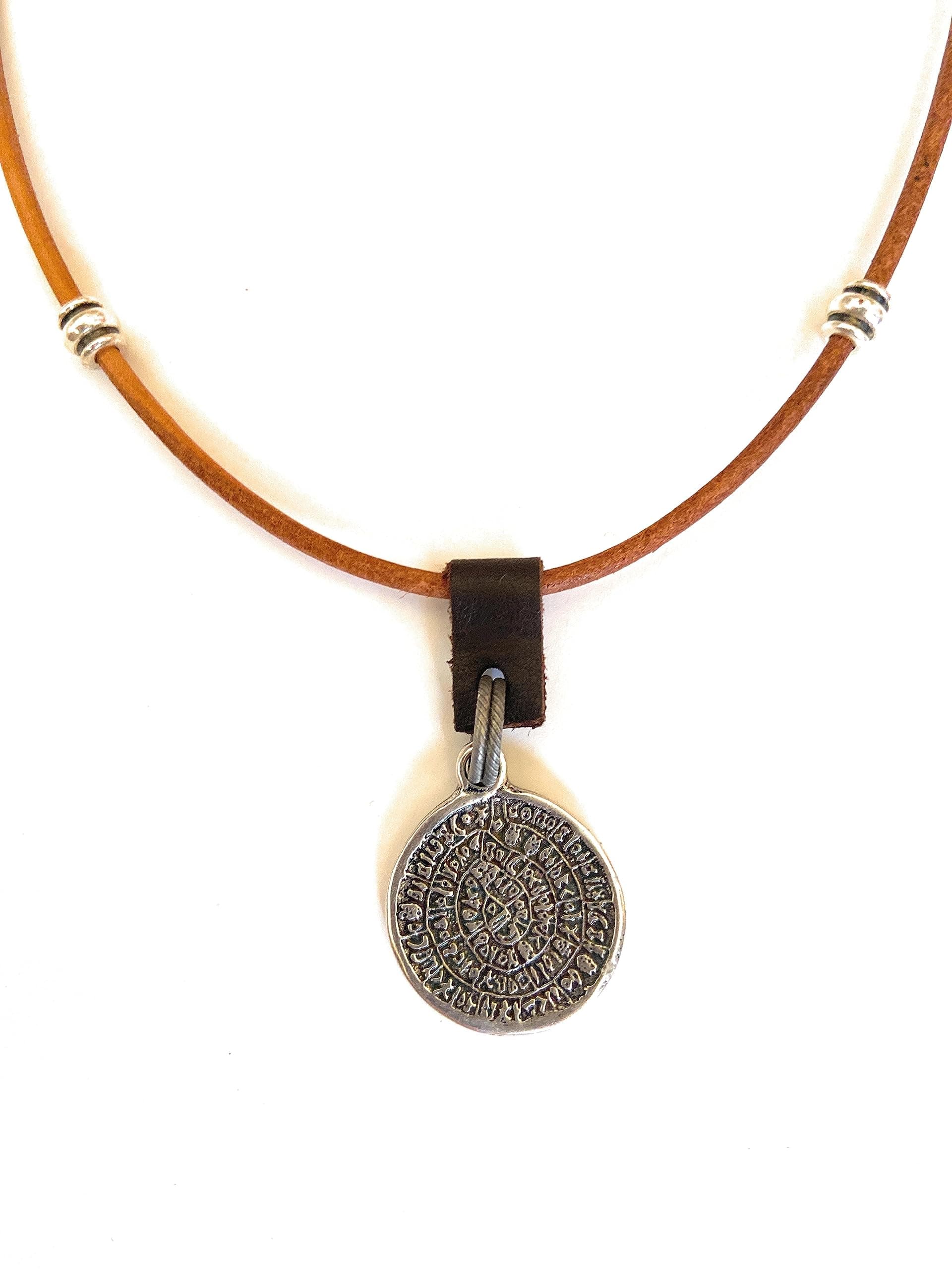 Mens Ancient Greek Coin Leather Necklace, Phaistos Symbol Handmade Wearable Art