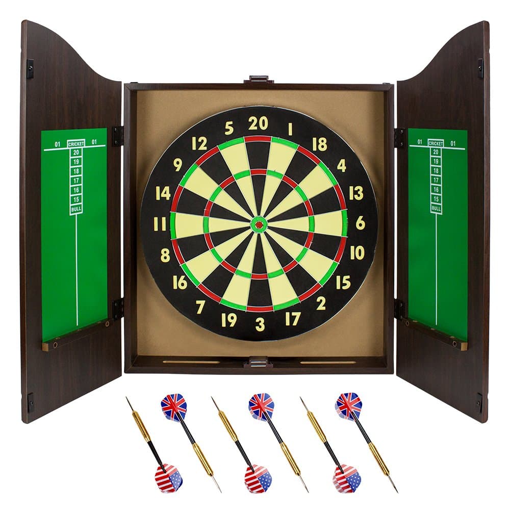 Classic Double-Sided Dartboard - Cork Board with Walnut Cabinet Set with 6 Brass Darts, Chalk, Eraser, & Mounting Hardware - for Bars & Game Rooms