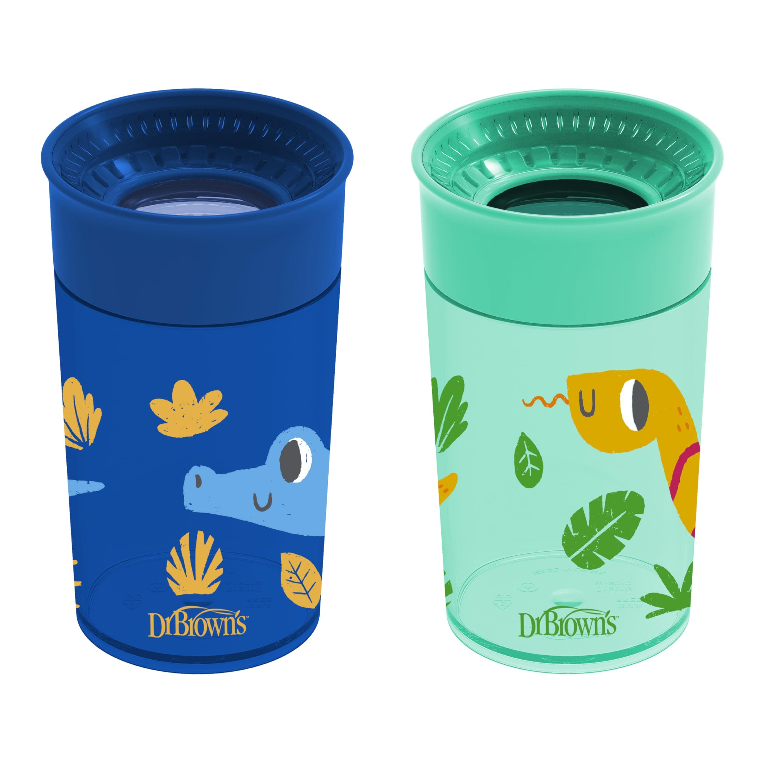Dr. Brown's Milestones Cheers 360 Spoutless Transition Cup, Travel Friendly and Leak Free Sippy for Babies and Toddlers, Blue/Green Animals, BPA-Free, 10 oz/300 mL, 9m+, 2-Pack