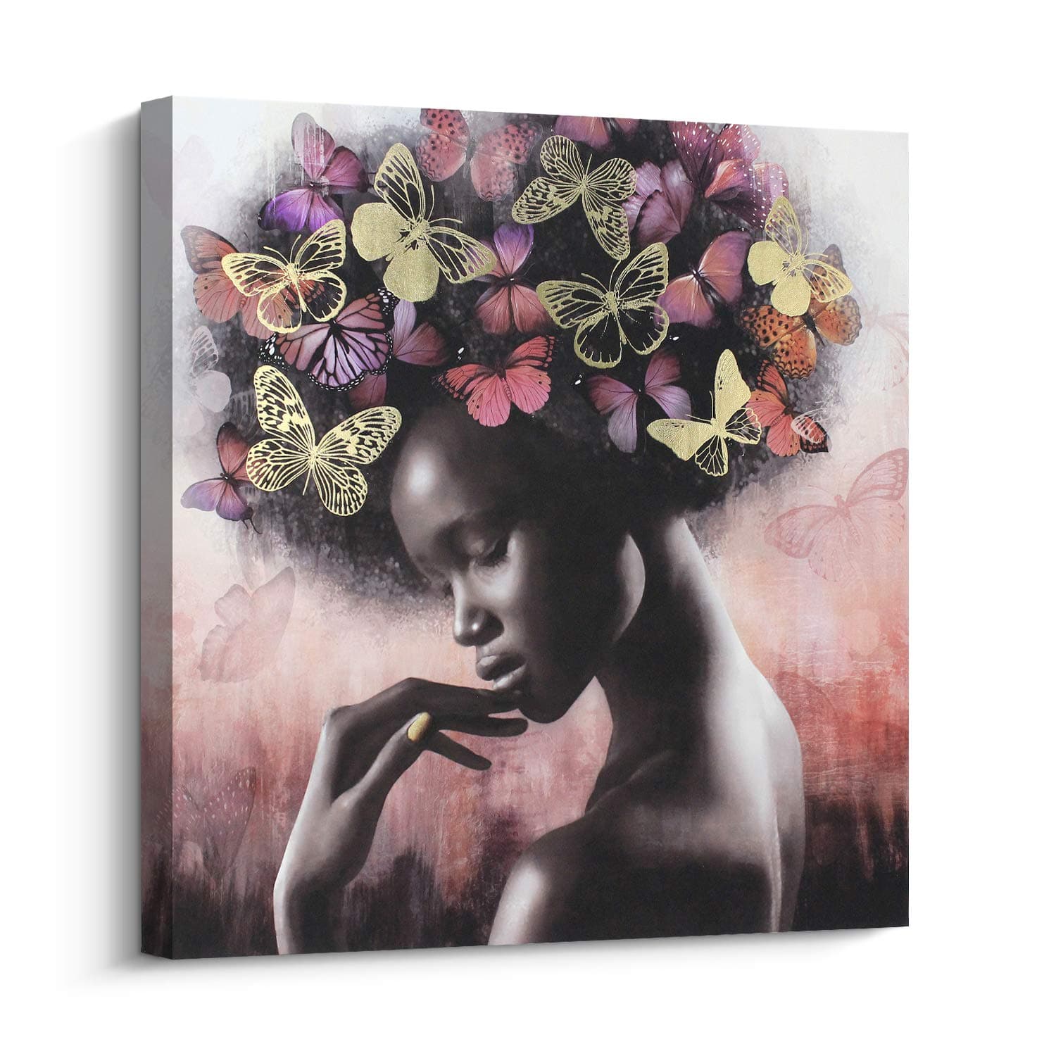 Pi Art Canvas Wall Art Abstract Sexy Beauty with Butterflies Gold and Red Wall Decor, African American Black Art Modern Wall Painting for Home Decor Stretched Ready to Hang (32x32 inch, A)