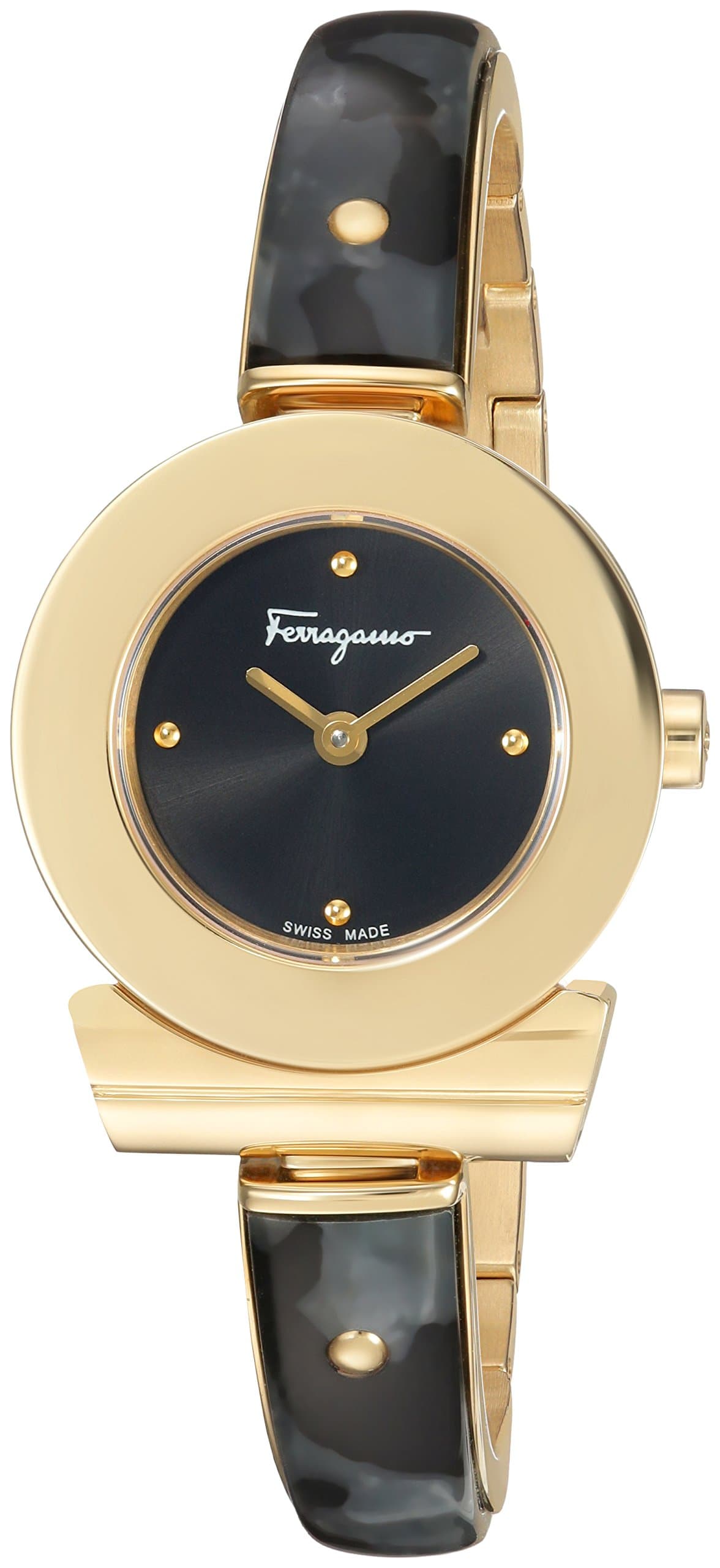 Salvatore Ferragamo Gancino Bracelet Women's Quartz Watch with Black Dial and Champagne Gold Bangle Bracelet with Acetate Inlay FII090016