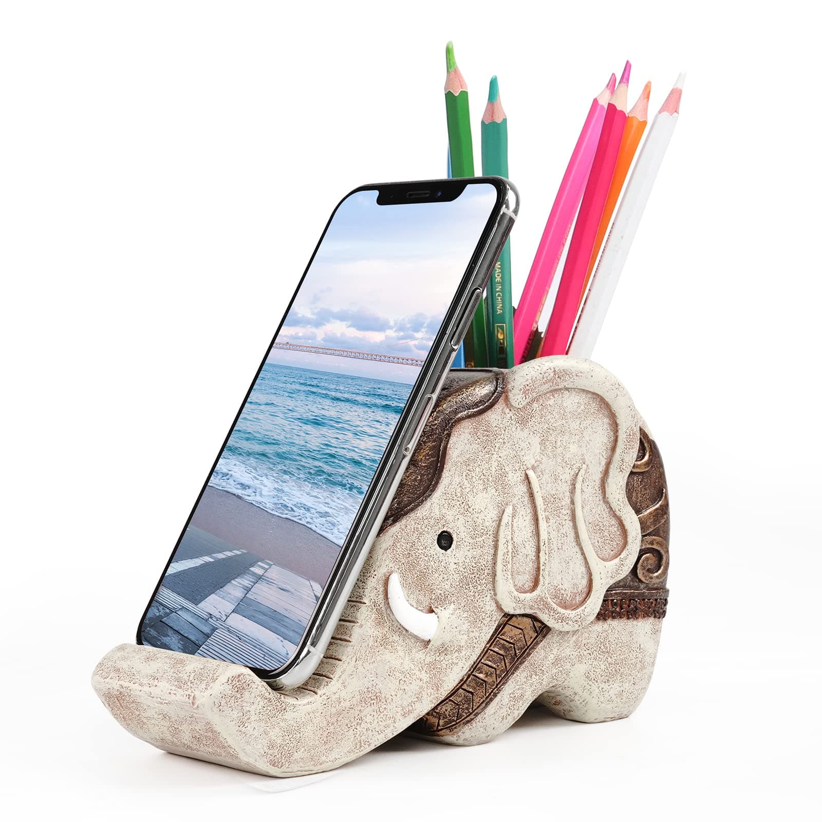 MOKANI Pen Pencil Holder with Cell Phone Stand, Multifunctional Elephant Shaped Desk Decor Organizer, Elephant Gifts for Women, Home Office Cute Desk Accessories