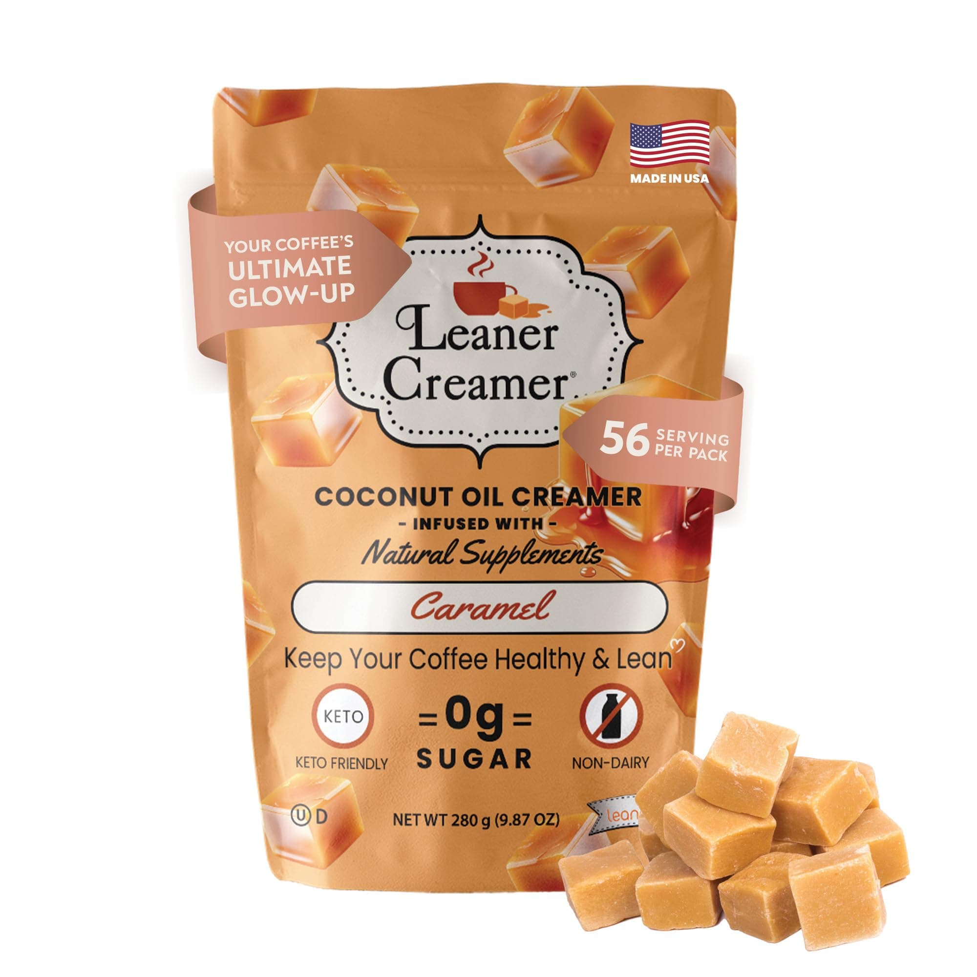 Coconut Creamer with Superfood Ingredients – Non-Dairy, Sugar-Free, Keto, Gluten-Free Powdered Coffee Creamer – Caramel – 280g