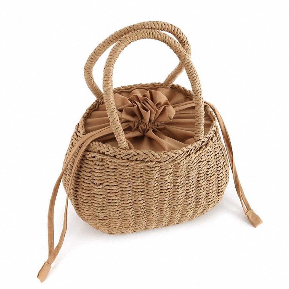 Straw Bucket Basket Bag Women Summer Drawstring Tote Lady Handbag Small Knitted Beach Bag