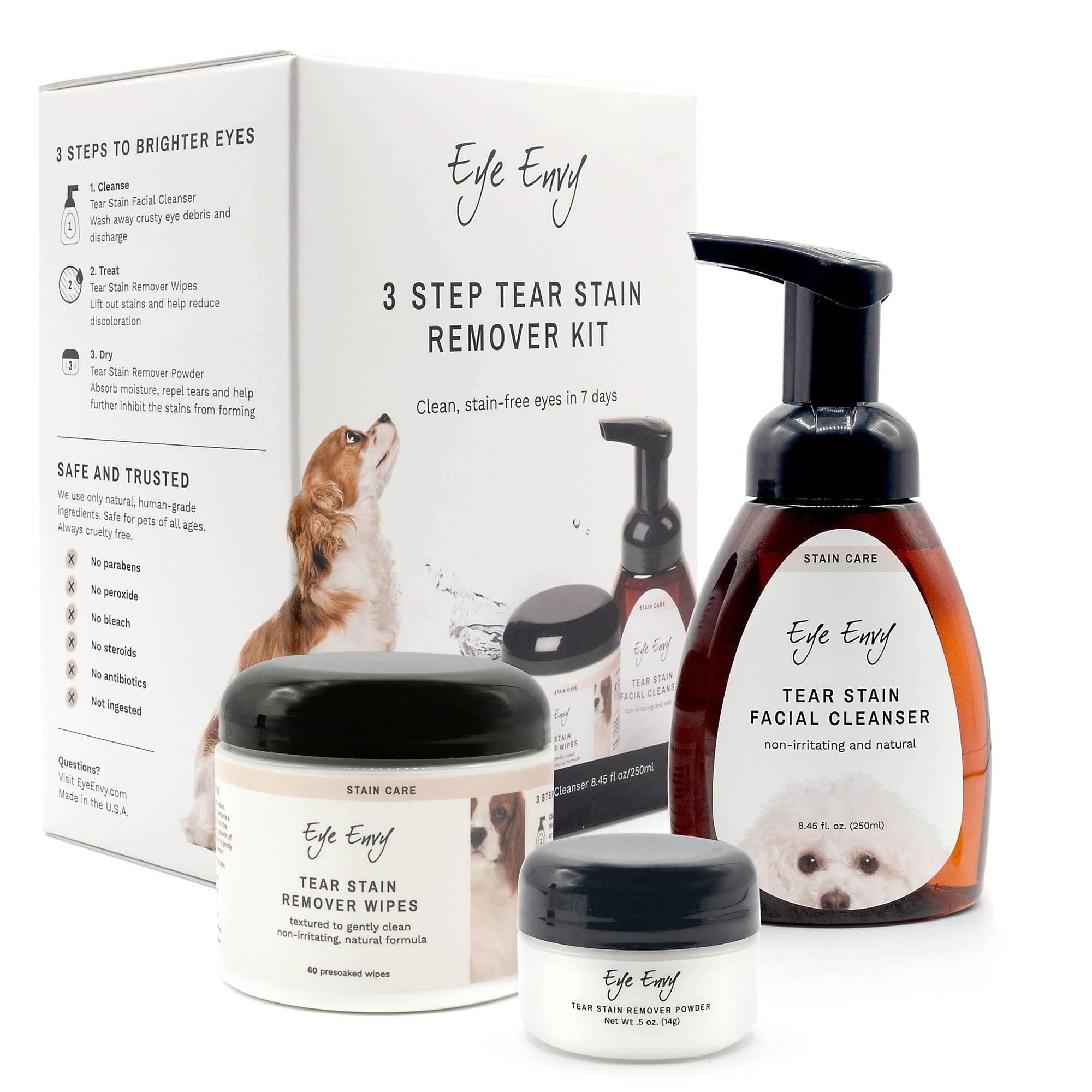 Eye Envy 3 Step Tear Stain Remover Kit for Dogs. for Clean, Stain-Free Eyes. Contains: Cleanser, Tear Stain Eye Wipes & Stain Powder. Non-irritating & Natural Dog Tear Stain Remover