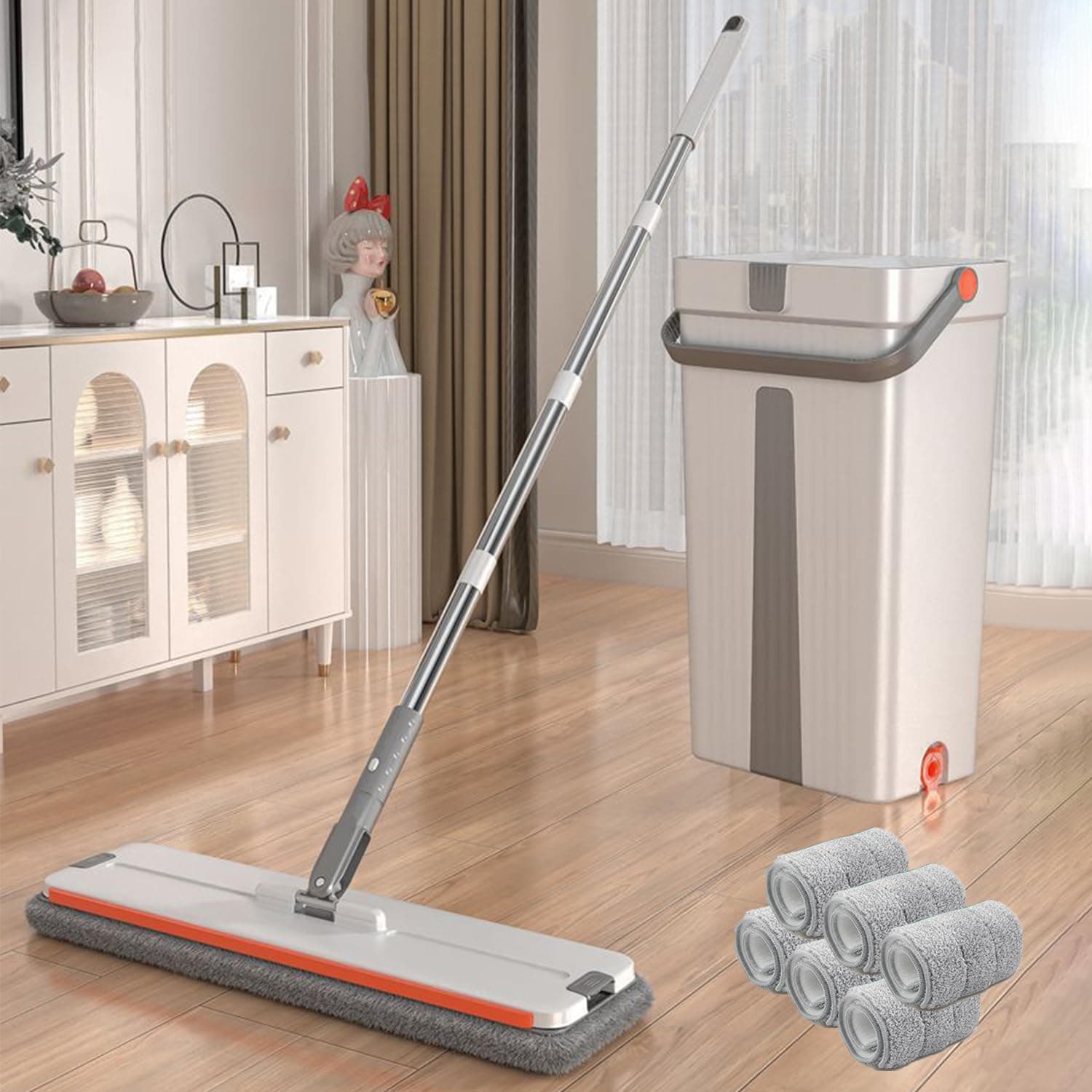 CHOOW Mop, flat mop and bucket, separate dirty and clean water, portable handheld wet and wet mop, with a 60 -inch handle, with 6 repeatable ultra -fine fiber cushions