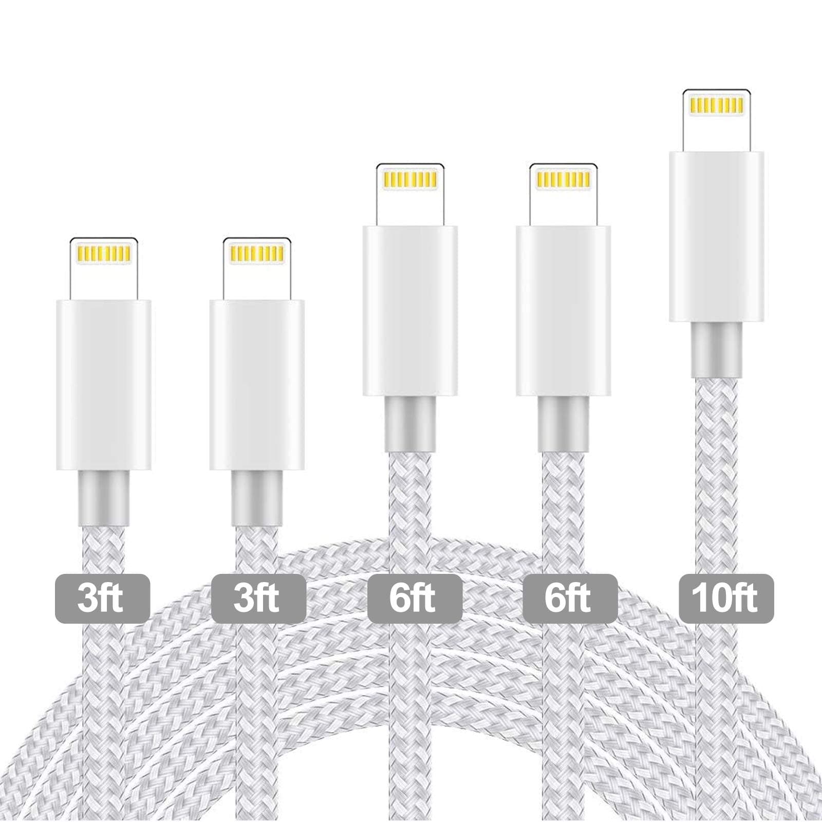 CNANKCU Phone charger Cable Mfi Certified 5 Pack[3/3/6/6/10FT] Extra Long Nylon Braided USB Charging & Syncing Cord Compatible with iPhone11/ Xs/Max/XR/X/8/8Plus/7/7Plus/6S/5S Plus/Nan More