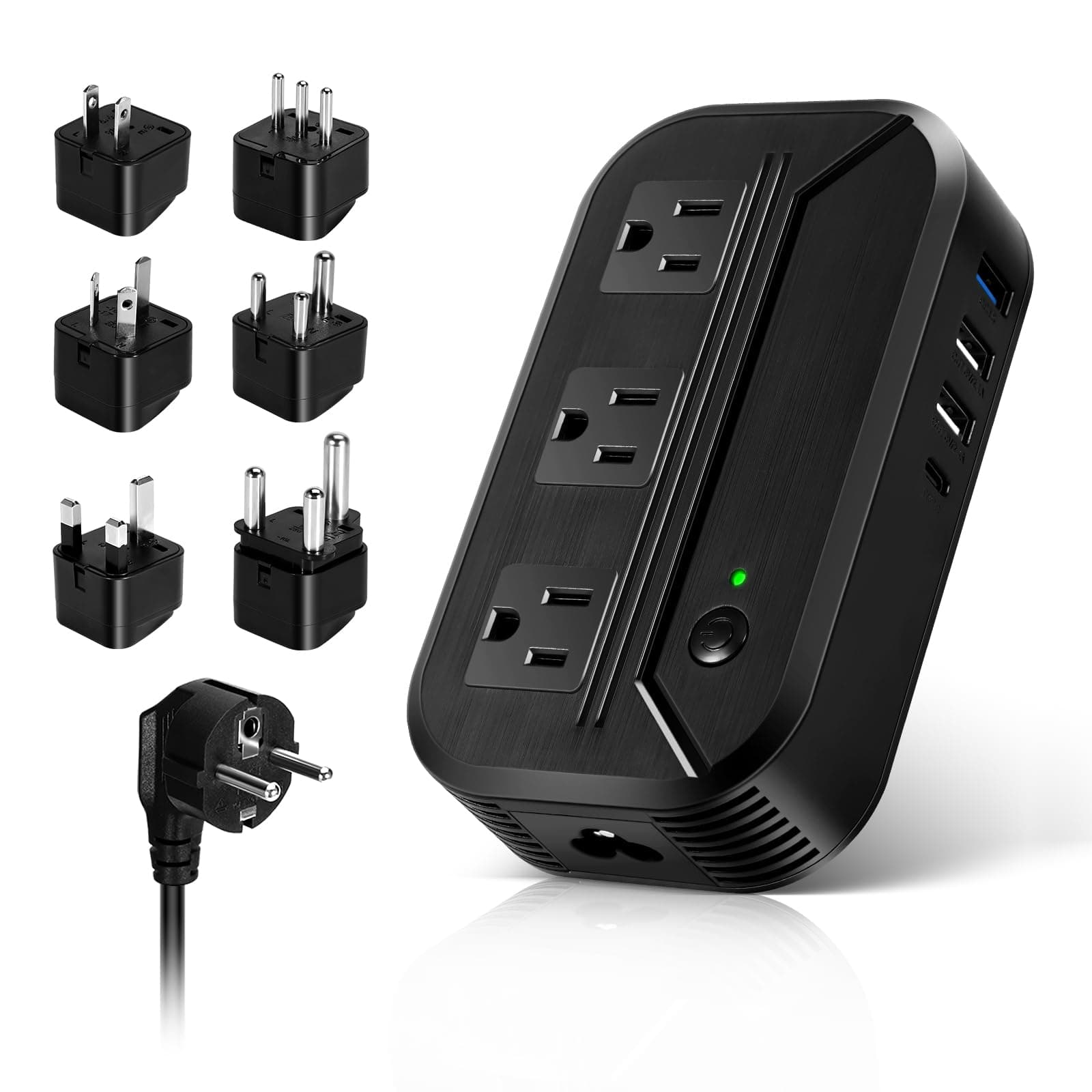 Voltage Converter 2300W Power Step Down 220V to 110V Universal Travel Adapter Power Converter Power Transformer w/ 3 AC Outlets 3 USB Ports 1 Type-C Charging EU/UK/AU/US/IT/South Africa Black