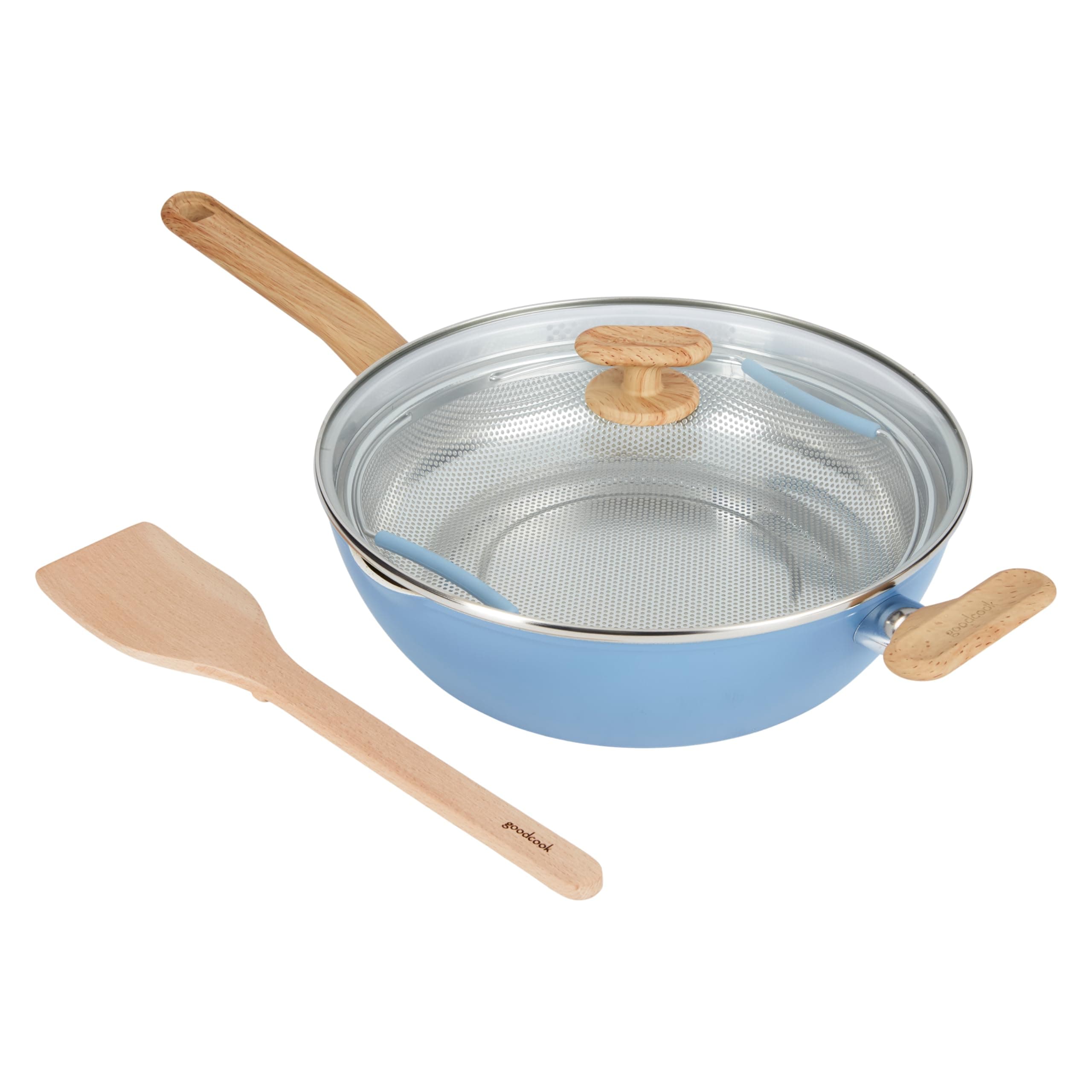 Healthy Ceramic Titanium-infused All-in-One Pan with Tempered Glass Lid, Steamer Basket, and Spatula, Light Blue – Induction Cookware, Nonstick Cooking Pan, Food Cooker and Steamer