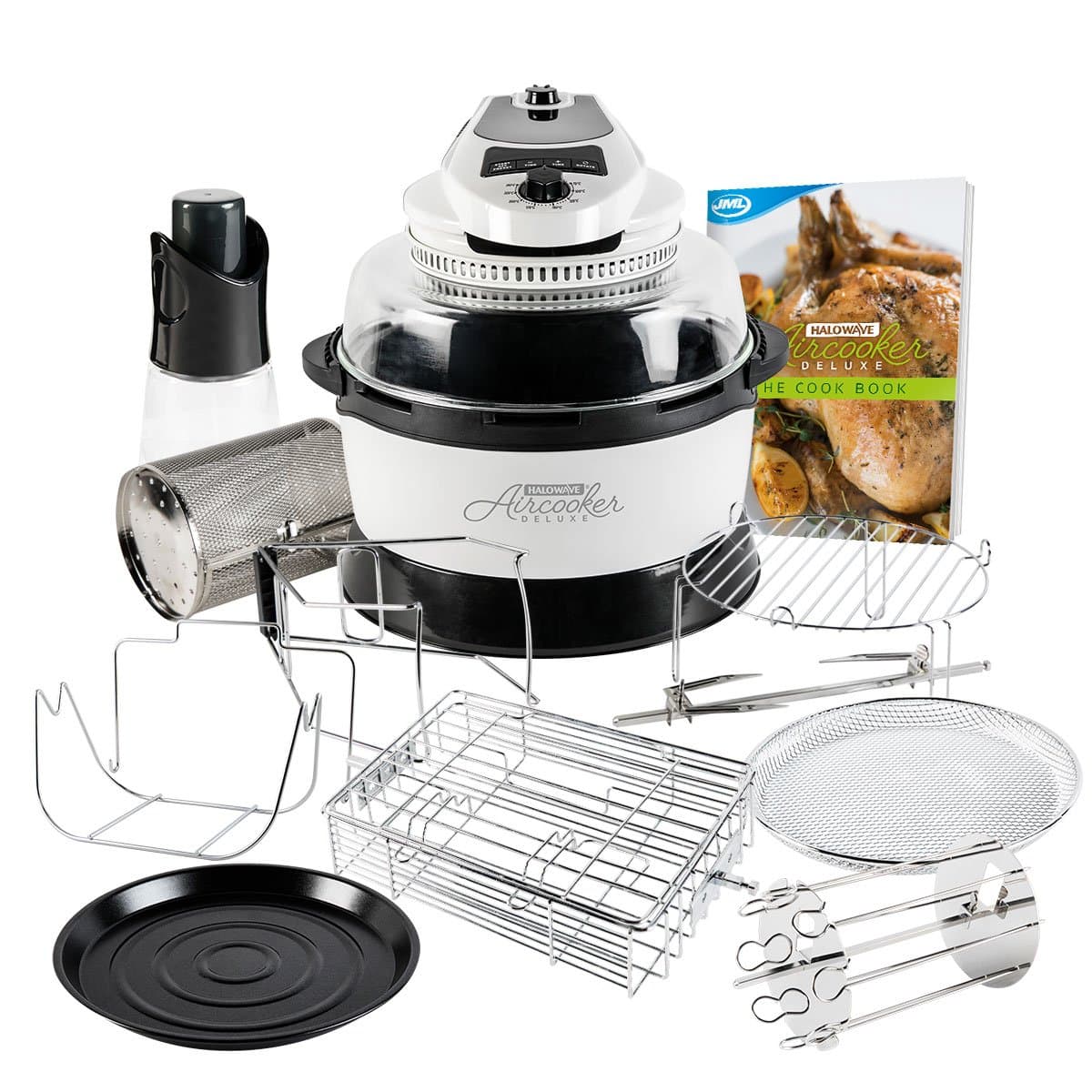 JML White Halowave Oven Aircooker Deluxe Halogen Cooking With Rotisserie Function 14 Pc Set