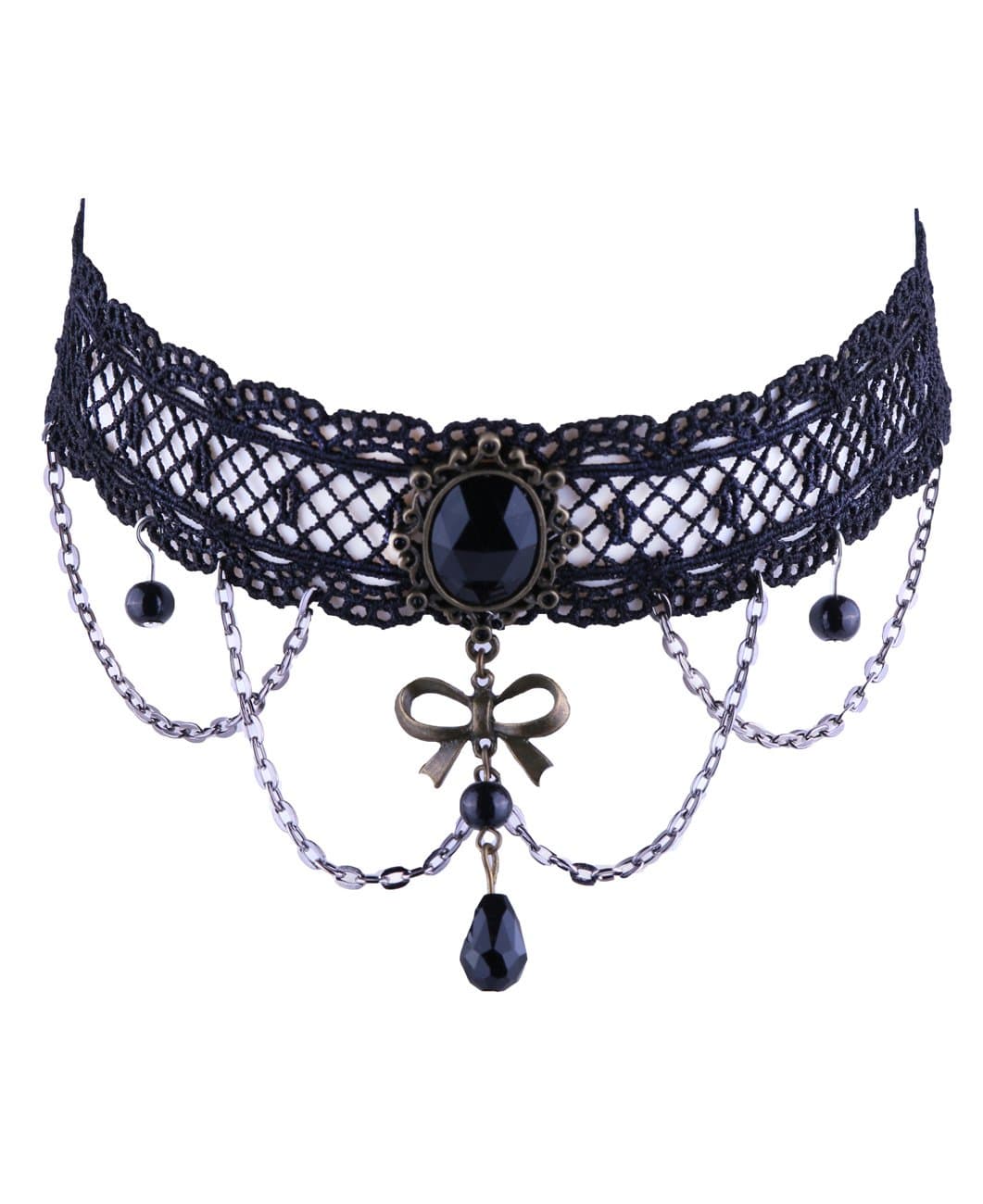 JapanAttitude Black Lace Choker Chains, Black and Stones Knot KAW