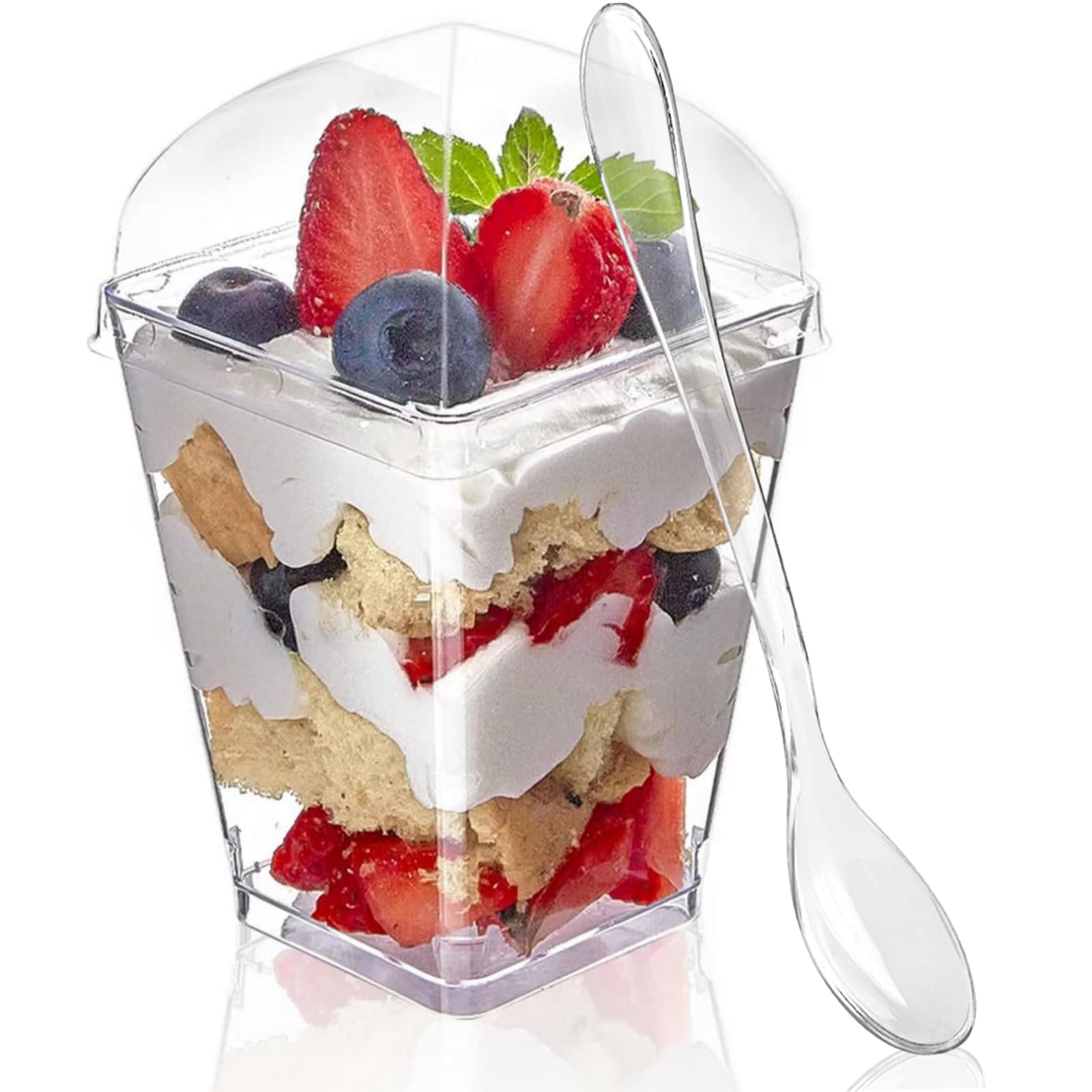 50 Pack 5 oz Dessert Cups with Dome Lids and Spoons, Plastic Pudding Cups with Lids Mini Parfait Shooter Cups for Party Individual Banana Pudding Jello Yogurt Fruit Trifle